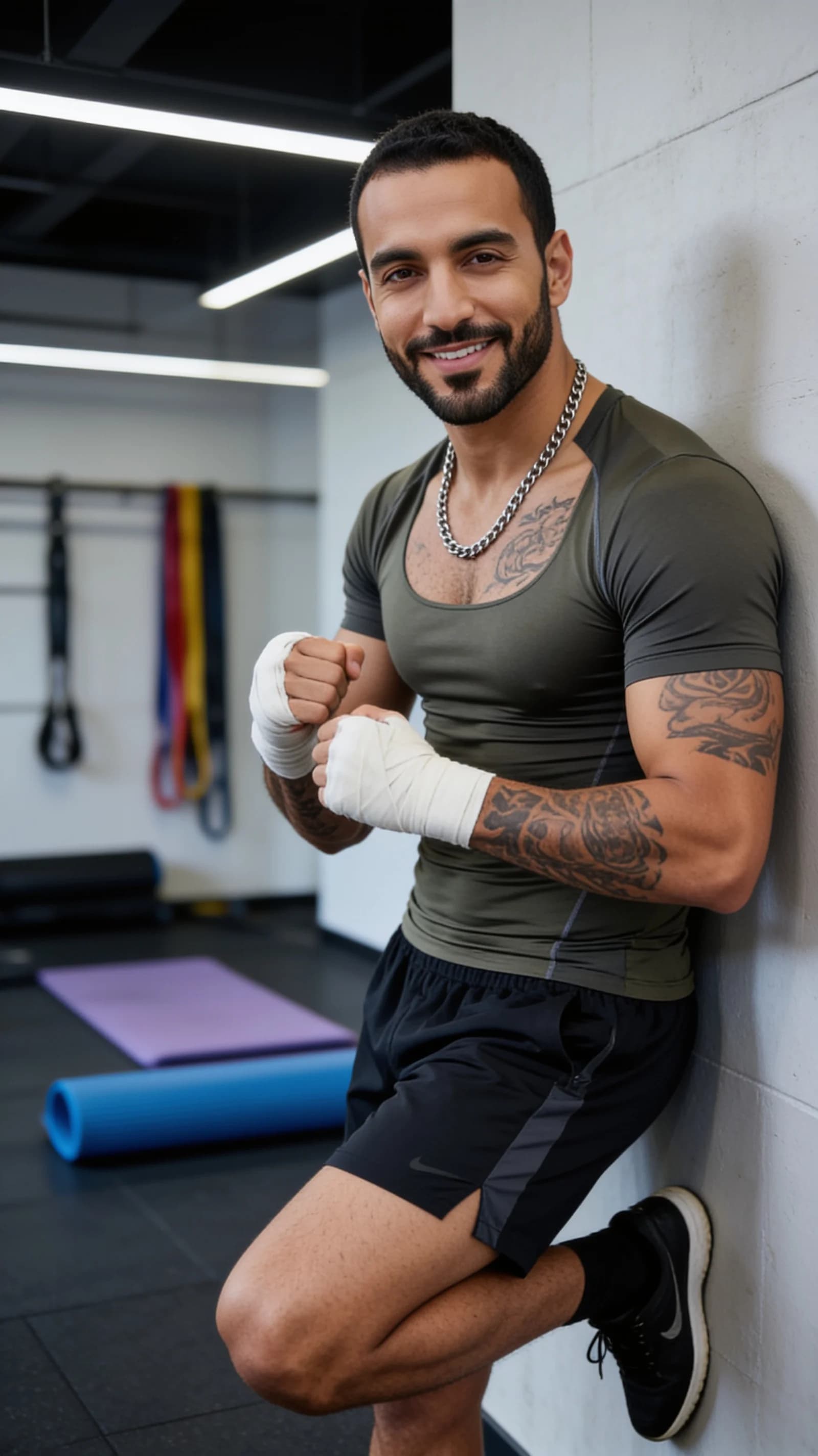 A 32-year-old Arabic man with short black hair, brown eyes, fit muscular body, beard and warm smile, wearing athletic shorts and compression shirt, sporty attire, visible tattoos on arms and chest, masculine chain necklace, leaning against the gym wall in a relaxed boxing stance with wrapped hands and one foot propped up, casual confidence, medium close-up portrait from front angle in a modern gym with exercise equipment and fitness setting, direct eye contact with the viewer featuring a warm smile and confident expression, Flawless anatomy, no extra digits, no extra limbs, realistic skin texture, high-detail.
