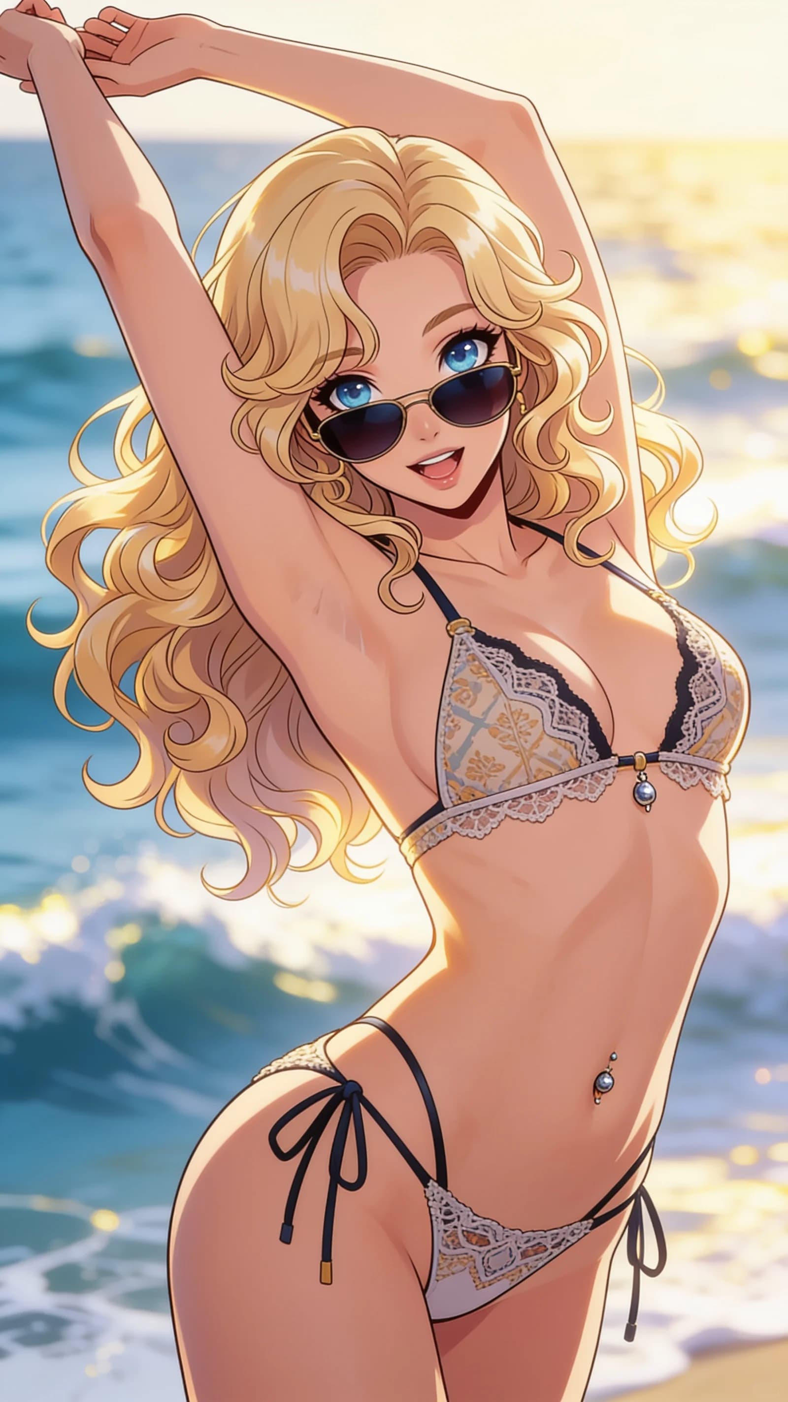 anime style, 2D cel-shaded anime illustration, anime key visual, flat cel shading, clean bold line art, vibrant saturated colors, large detailed expressive anime eyes with crisp catchlights, flat 2D rendering, not photorealistic, not 3D render, 24-year-old Caucasian woman with curly blonde hair, blue eyes, skinny body type, wearing a skimpy bikini with intricate lace details that hugs her smooth skin and belly piercings, standing and stretching gracefully in a glamorous close-up vertical 9:16 portrait from a slightly low front angle POV against a soft-focus background of ocean waves, soft golden lighting caressing her figure, direct intense eye contact with seductive lust and lips parted while wearing trendy sunglasses, body arched to emphasize her waist and hips, sensual mood, detailed anime cel shading, crisp clean linework, correct anatomy, hands cleanly drawn with five fingers, studio-quality anime key visual; avoid: photorealistic, 3D render, extra fingers, deformed hands, blurry, low detail.