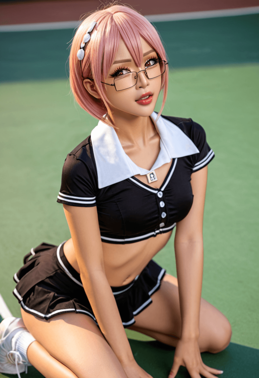Wearing short black tennis skirt and a crop top shirt, portrait picture, looking at the viewer with a smile, kneeling pose, elegant position