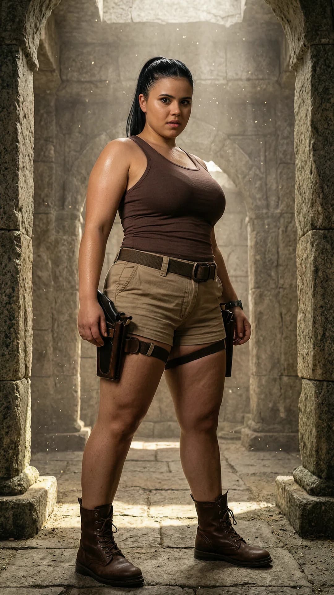 A 22-year-old Caucasian woman with black hair in a ponytail, brown eyes, and a chubby body type cosplaying as Lara Croft stands in a confident action pose inside an ancient stone temple ruin, wearing a tight brown tank top stretched over her full chest, khaki shorts hugging her thick thighs, leather boots, and dual holsters on her hips, three-quarter view from a low angle looking up, intense direct eye contact with the viewer showing fierce determination and parted lips, dramatic volumetric lighting filtering through dust-filled air, realistic style, body physics with natural curves and skin sheen, Flawless anatomy, no extra digits, no extra limbs, realistic skin texture, high-detail.