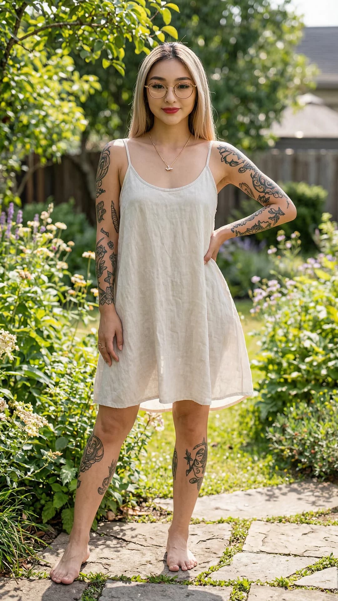 A 24-year-old Asian woman with fit body type, straight blonde hair, brown eyes, standing confidently in a full body frontal shot at eye level, wearing a light flowy summer dress that drapes elegantly over her toned frame, artistic tattoos visible on her arms and legs, elegant necklace resting on her collarbone, stylish glasses framing her face, direct confident eye contact with a poised slight smile, bright sunlit outdoor garden setting with soft natural lighting highlighting fabric movement and skin texture, relaxed yet powerful body positioning with shoulders back and one hand on hip, realistic style, Flawless anatomy, no extra digits, no extra limbs, realistic skin texture, high-detail.