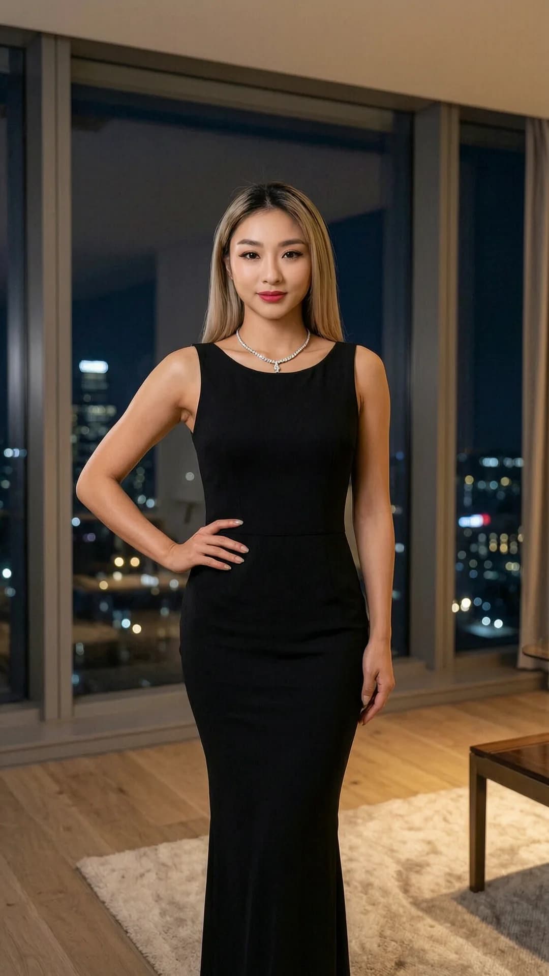 A 24-year-old Asian woman with straight blonde hair, brown eyes, and a fit body type stands confidently in a full body shot from a straight-on frontal camera angle in an opulent modern penthouse with floor-to-ceiling windows overlooking a nighttime city skyline, wearing a sleek form-fitting black evening gown that hugs her toned physique and an elegant diamond necklace resting on her collarbone, soft cinematic lighting casting gentle highlights on her skin and hair, direct intense eye contact with the viewer conveying confident allure and subtle seductive power, lips slightly parted, shoulders back and one hand resting on her hip in a poised stance, realistic style, Flawless anatomy, no extra digits, no extra limbs, realistic skin texture, high-detail.