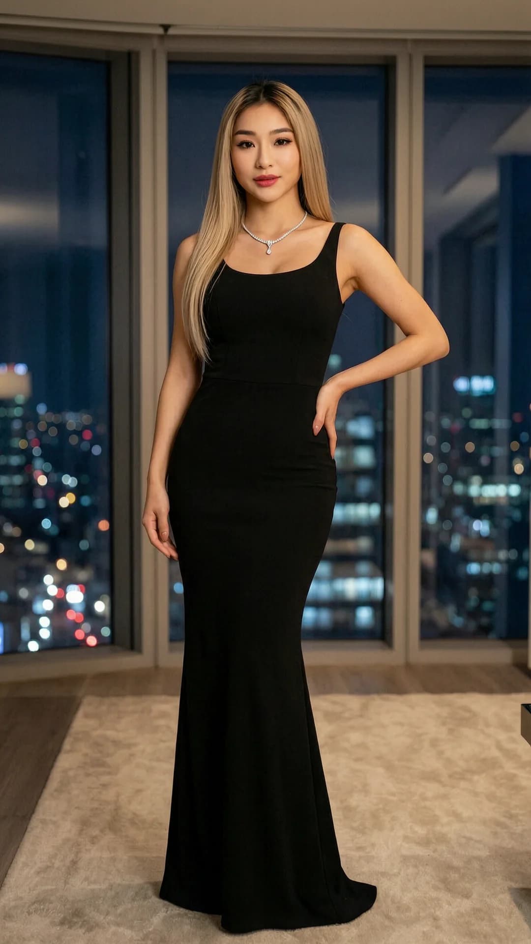 A 24-year-old Asian woman with straight blonde hair, brown eyes, and a fit body type stands confidently in a full body shot from a straight-on frontal camera angle in an opulent modern penthouse with floor-to-ceiling windows overlooking a nighttime city skyline, wearing a sleek form-fitting black evening gown that hugs her toned physique and an elegant diamond necklace resting on her collarbone, soft cinematic lighting casting gentle highlights on her skin and hair, direct intense eye contact with the viewer conveying confident allure and subtle seductive power, lips slightly parted, shoulders back and one hand resting on her hip in a poised stance, realistic style, Flawless anatomy, no extra digits, no extra limbs, realistic skin texture, high-detail.