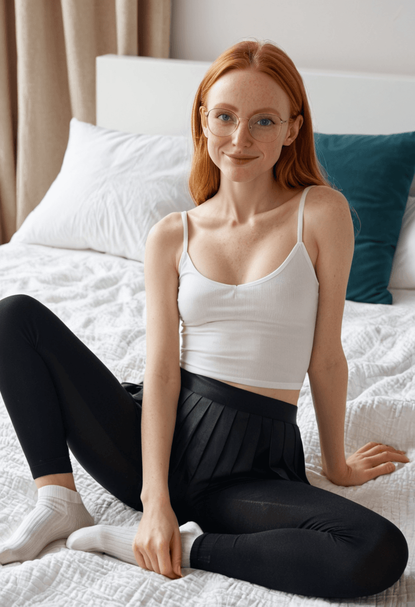 27-year-old caucasian woman, skinny body, flat breasts, small butt, freckles, glasses, black leggings, pleated skirt, white socks, laying on front on bed, smiling, full body view, realistic style, highly detailed, photorealistic, natural lighting, cozy bedroom setting
