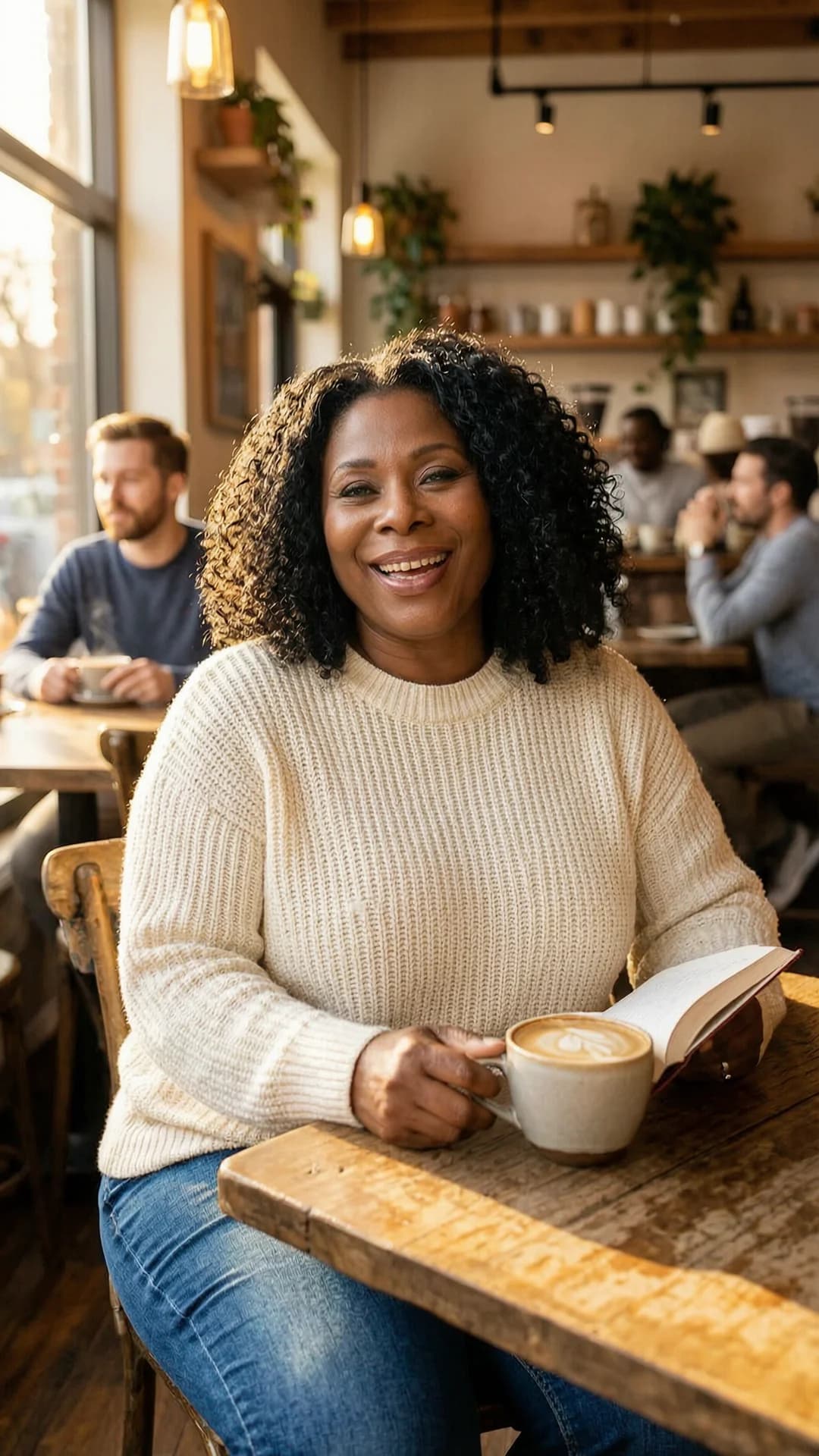 48-year-old black woman with chubby body type, curly black hair and green eyes, wearing fitted blue jeans and a cozy oversized cream sweater, sitting relaxed at a wooden table in a trendy coffee shop while holding an open book in one hand and a steaming latte in the other, natural sunlight streaming through large windows casting warm autumnal highlights across her skin and the cozy interior with rustic decor and scattered patrons in soft focus, genuine laughing expression with eyes crinkled in joy and mouth open mid-laugh, comfortable and approachable vibe, medium close-up three-quarter angle from slightly above at eye level with warm direct eye contact toward viewer conveying friendly amusement, casual lifestyle photography style, soft golden hour lighting, warm autumn color palette, Flawless anatomy, no extra digits, no extra limbs, realistic skin texture, high-detail.