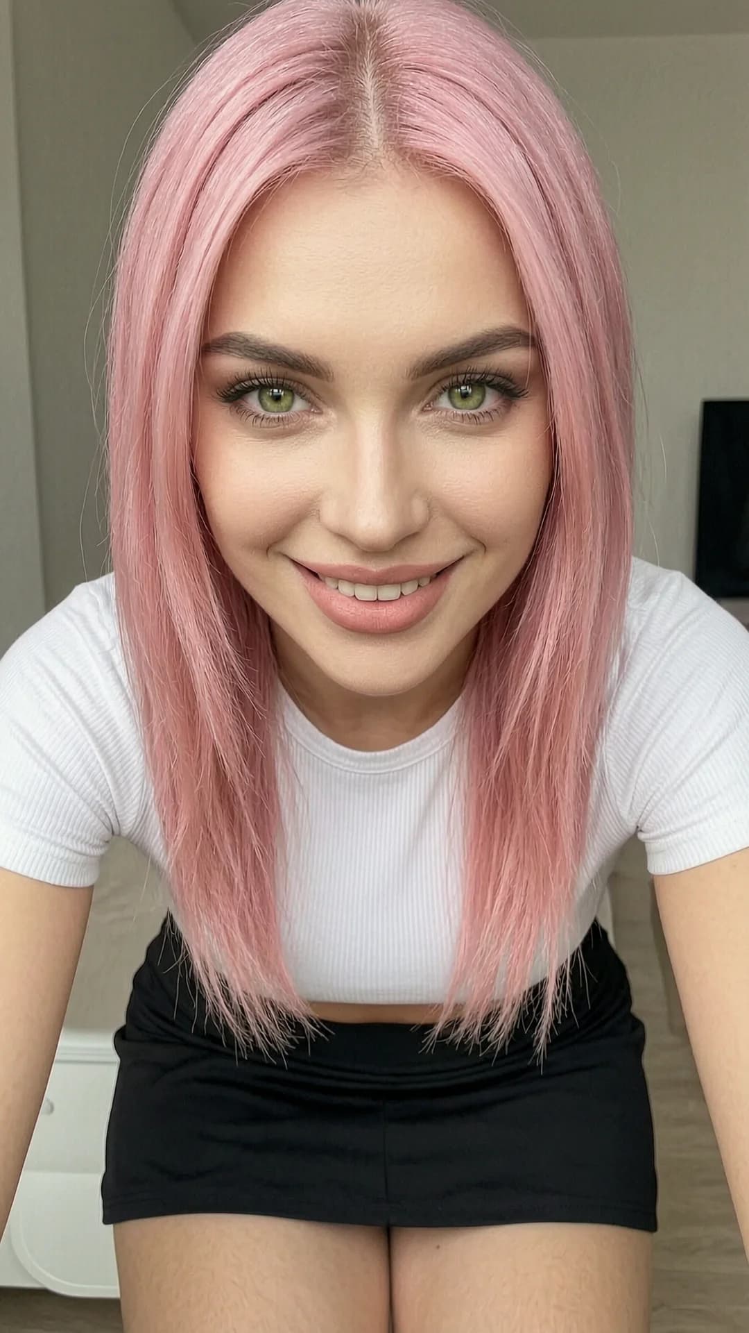 A 22-year-old skinny Caucasian woman with straight pink hair and piercing green eyes, wearing a short black tennis skirt and a tight crop top shirt that exposes the tops of her small breasts, captured in a close-up front-facing portrait shot with direct intense eye contact and a bright genuine smile, soft natural lighting illuminating her delicate features and smooth skin, playful confident mood, precise body positioning with shoulders slightly angled toward viewer, flawless anatomy, no extra digits, no extra limbs, realistic skin texture, high-detail.