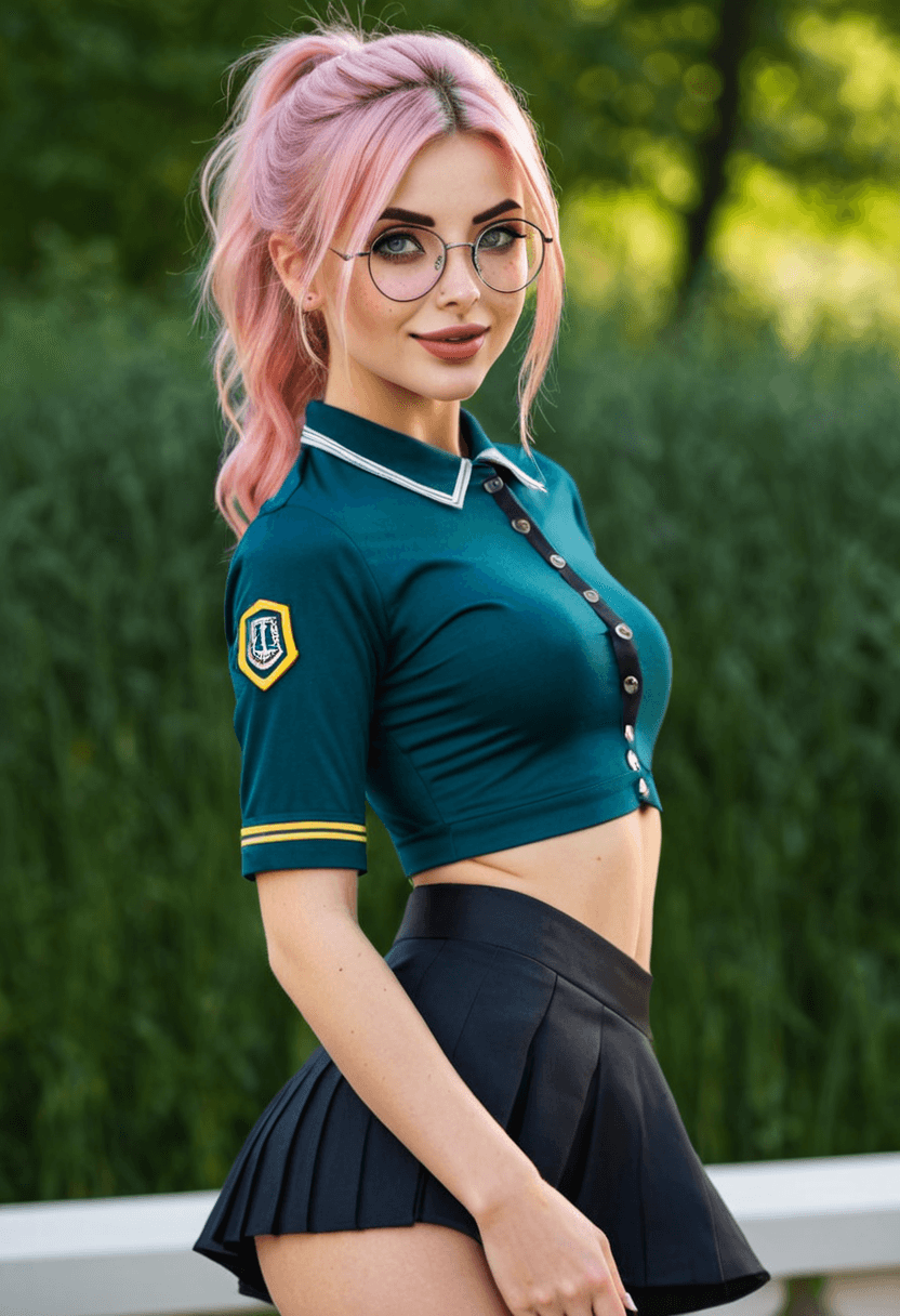 22-year-old caucasian woman, skinny body, athletic butt, freckles, glasses, wearing trendy black preppy uniform skirt and crop top, full-body portrait, looking at viewer with smile, realistic style, detailed face, high resolution, photorealistic, natural lighting