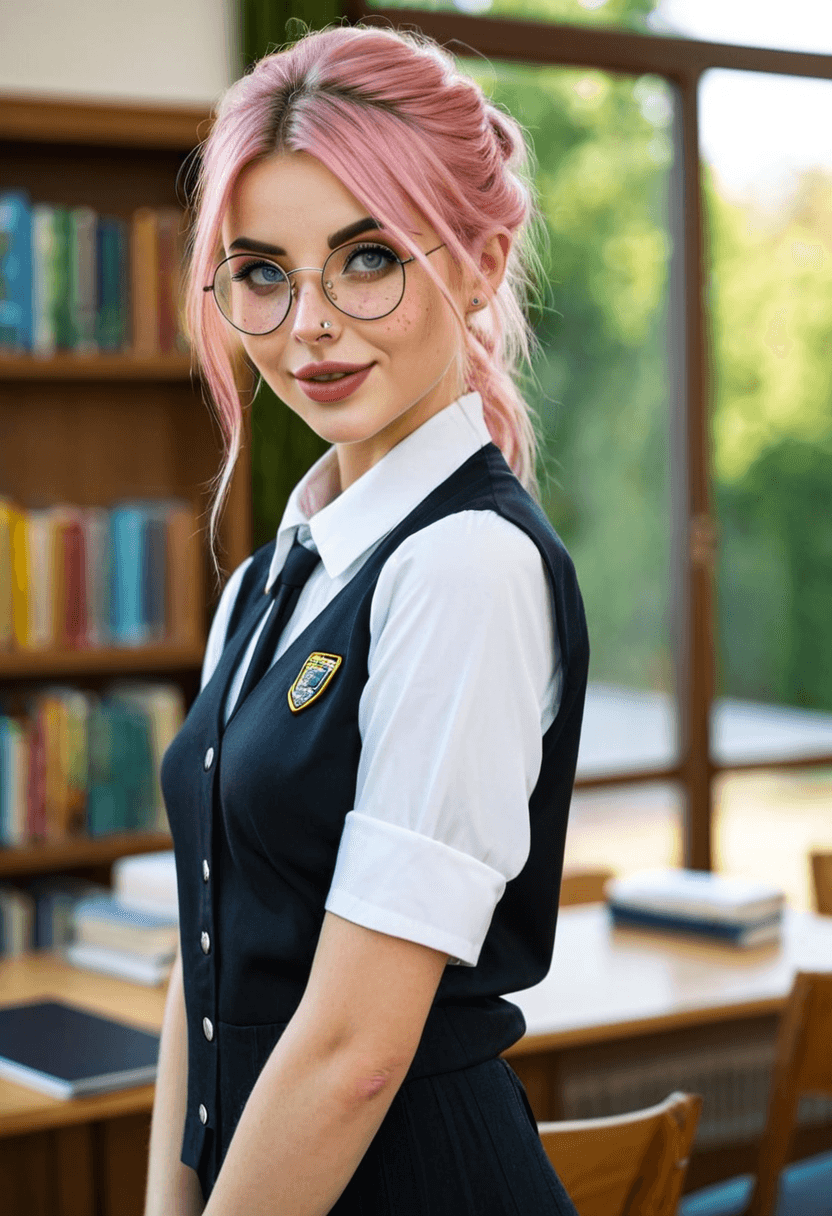 22-year-old caucasian woman, skinny body, athletic butt, freckles, glasses, wearing trendy black library uniform, full-body portrait, looking at viewer with warm sweet shy smile, realistic style, detailed face, high resolution, photorealistic, natural lighting
