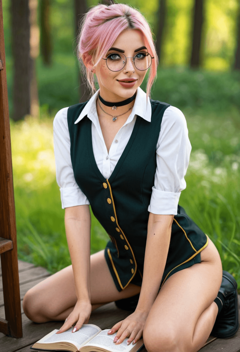 22-year-old caucasian woman, skinny body, athletic butt, freckles, glasses, wearing trendy black library uniform, fashionable choker, full-body portrait, kneeling pose, elegant position, looking at viewer with warm embarrassed smile, detailed face, realistic style, photorealistic, high resolution, natural lighting, in a cozy bedroom setting, in a lush green forest