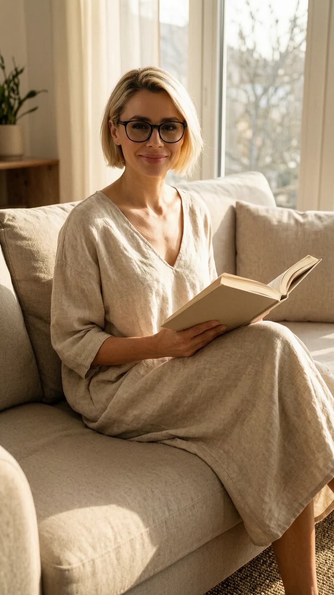 38-year-old Caucasian woman with short blonde hair, brown eyes, skinny body type and delicate black-framed glasses, relaxed pose sitting on her living room couch with legs gently crossed, holding an open book in her lap, wearing a loose flowing summer dress that drapes naturally over her slender frame, natural sunlight streaming in through large windows casting warm spring light across the scene, sincere smile with direct eye contact toward viewer conveying approachable warmth and genuine contentment, comfortable casual lifestyle atmosphere, medium close-up from a slightly low frontal angle, soft cinematic lighting highlighting fabric texture and skin sheen, Flawless anatomy, no extra digits, no extra limbs, realistic skin texture, high-detail.