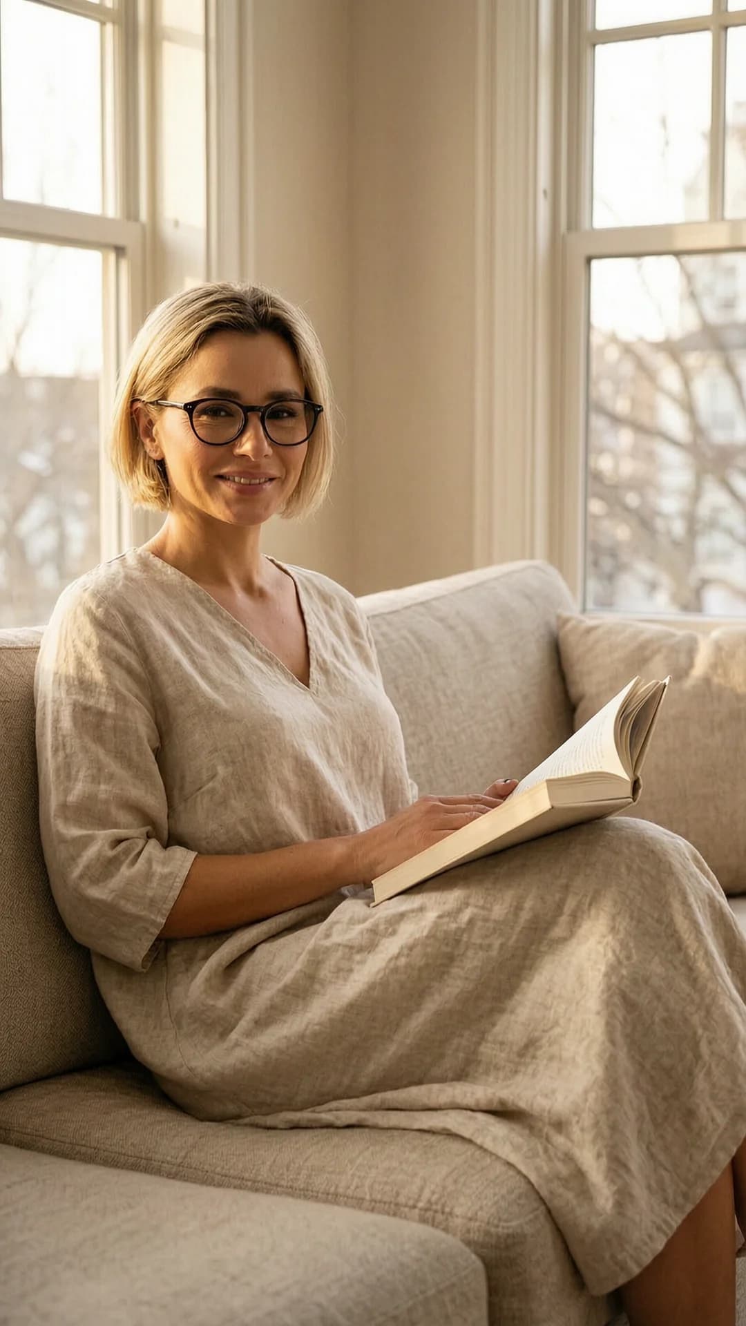 38-year-old Caucasian woman with short blonde hair, brown eyes, skinny body type and delicate black-framed glasses, relaxed pose sitting on her living room couch with legs gently crossed, holding an open book in her lap, wearing a loose flowing summer dress that drapes naturally over her slender frame, natural sunlight streaming in through large windows casting warm spring light across the scene, sincere smile with direct eye contact toward viewer conveying approachable warmth and genuine contentment, comfortable casual lifestyle atmosphere, medium close-up from a slightly low frontal angle, soft cinematic lighting highlighting fabric texture and skin sheen, Flawless anatomy, no extra digits, no extra limbs, realistic skin texture, high-detail.
