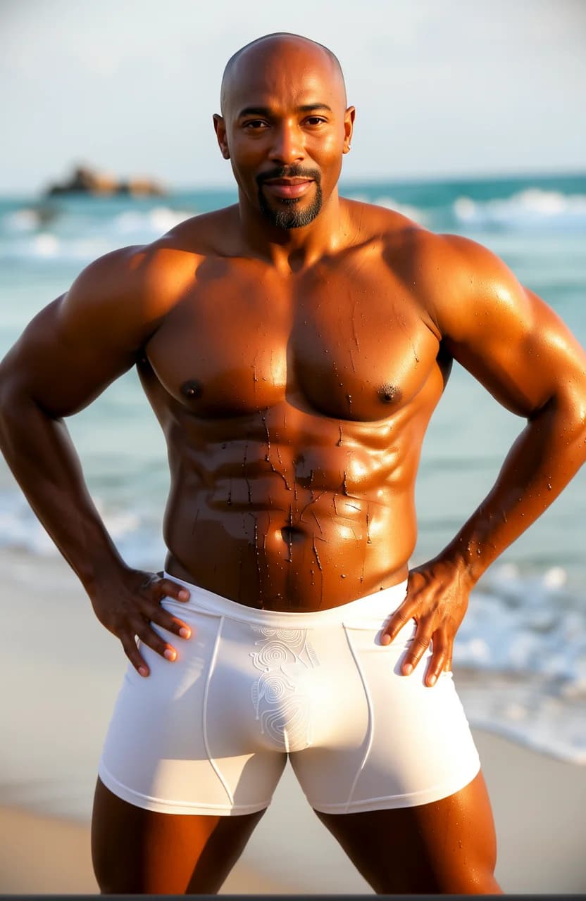 40-year-old black muscular bald man with brown eyes, sun-kissed glistening skin and powerful physique, standing confidently on a sunny tropical beach with ocean waves crashing behind him, wearing extremely tight white shorts that cling to every contour revealing a clear huge detailed dick print bulging prominently with visible thick shaft outline, throbbing vein details, and heavy balls contour straining against the thin fabric, legs spread wide in a dominant sexy pose with hands on hips thrusting pelvis forward, intense direct eye contact with seductive confident smirk and parted lips, medium shot from low front angle POV emphasizing crotch bulge and muscular thighs, golden hour lighting casting dramatic shadows on ripped abs, bulging biceps, and sweat-sheened broad chest with defined pecs heaving slightly, fabric stretched taut with arousal indicators like precum damp spot, body tension in quads and glutes, hyper-realistic explicit NSFW beach photography, flawless anatomy, no extra digits, no extra limbs, realistic skin texture, high-detail.
