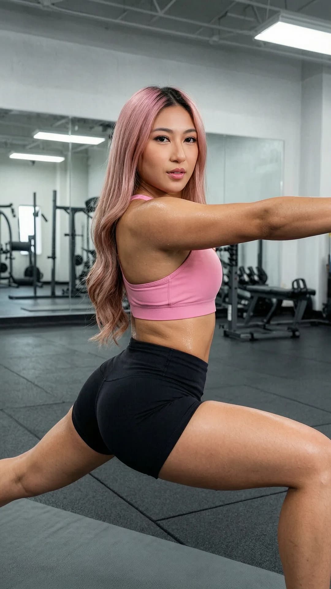 A 21-year-old Asian woman with long pink hair, brown eyes and a fit toned body wearing tight black yoga shorts and a pink sports bra, captured in a medium close-up from a low three-quarter side angle while holding a deep warrior II yoga pose on a gym mat with mirrors and equipment visible in the background, bright overhead gym lighting highlighting muscle tension and light sweat sheen across her skin, hips squared and arms extended with precise body alignment, intense direct eye contact with the viewer conveying focused determination and subtle allure, lips parted, Flawless anatomy, no extra digits, no extra limbs, realistic skin texture, high-detail.