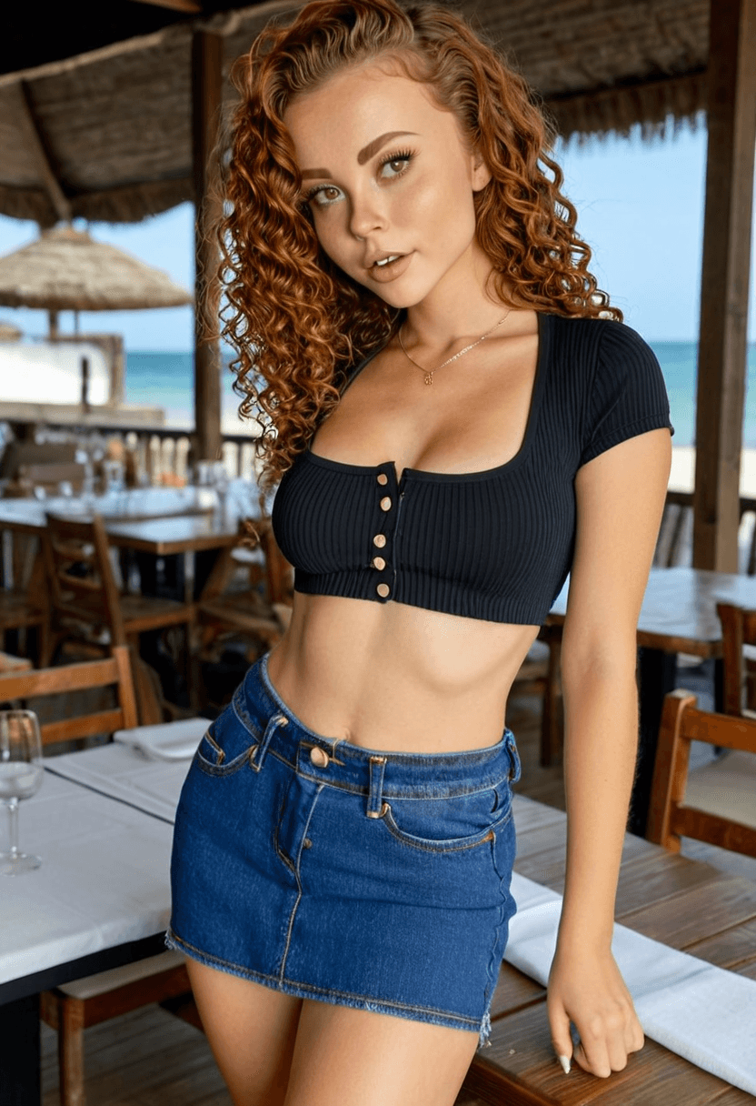 Wearing short black tennis skirt and a crop top shirt, portrait picture, looking at the viewer with a smile, wearing a stylish bikini on the beach, dining at an elegant restaurant, wearing stylish glasses, at an upscale restaurant, wearing fitted blue jeans