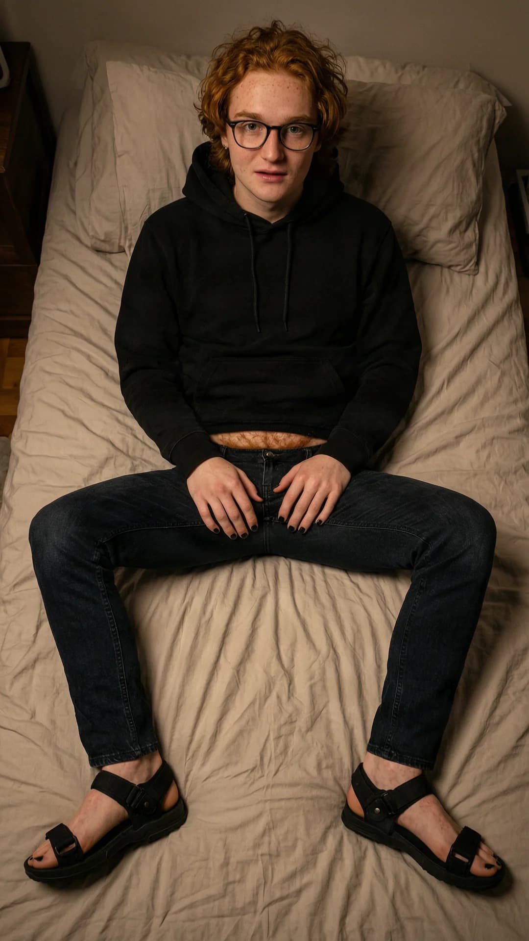 A 21-year-old Caucasian man with ginger curly hair, brown eyes, slim build, freckles across his face and chest, and wearing glasses, lying supine on a rumpled bed in a dimly lit bedroom, wearing a black hoodie, tight jeans, and black strap sandals, black painted fingernails and toenails visible, dirty soles of his feet exposed, a prominent bulge straining against the denim, high-angle POV looking down from above, intense upward eye contact with aroused lust and parted lips, curly ginger pubic hair peeking above the waistband, slim torso relaxed with subtle muscle tension, skin sheen under low light, Flawless anatomy, no extra digits, no extra limbs, realistic skin texture, high-detail.