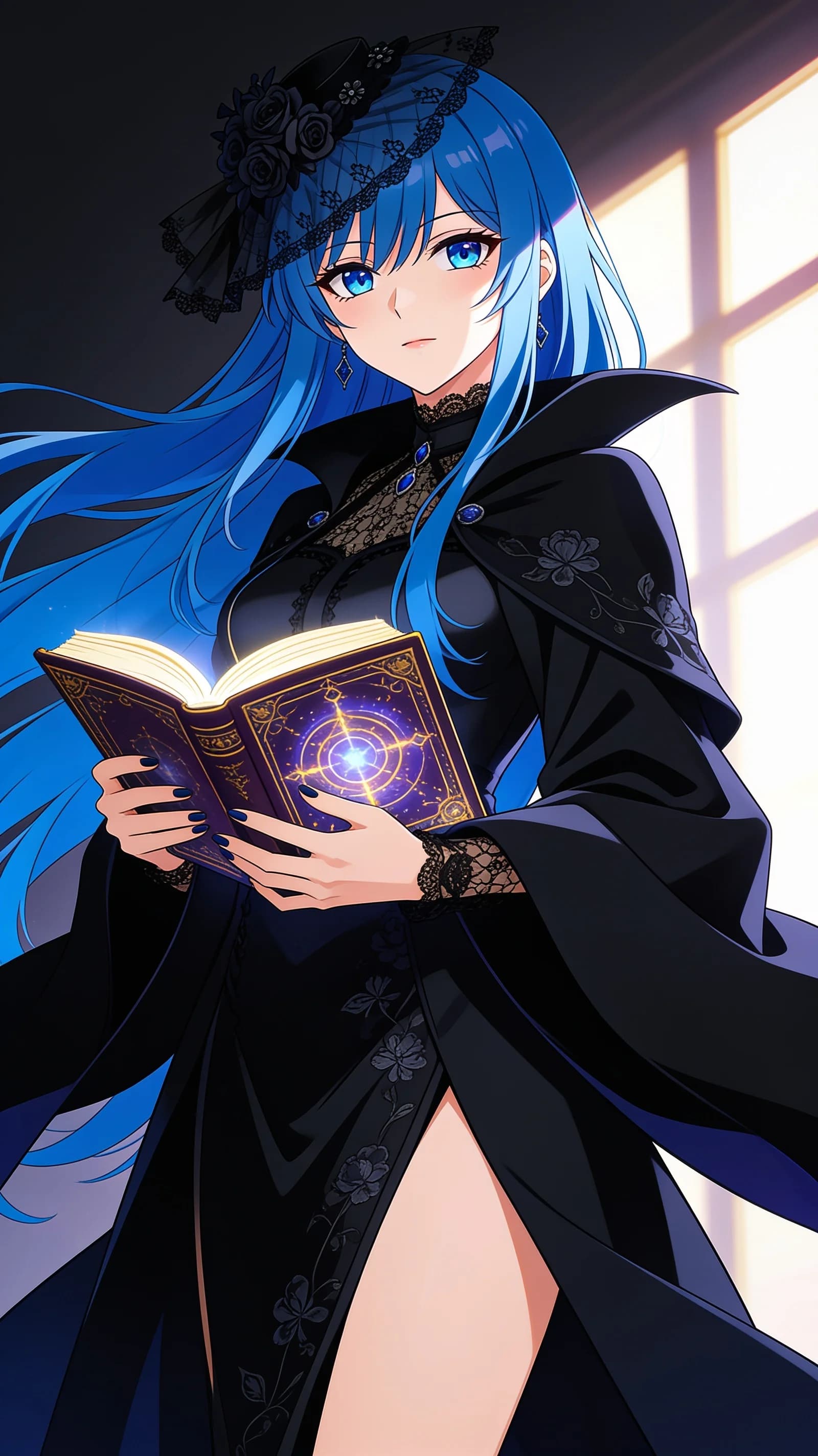 anime style, 2D cel-shaded anime illustration, anime key visual, flat cel shading, clean bold line art, vibrant saturated colors, large detailed expressive anime eyes with crisp catchlights, flat 2D rendering, not photorealistic, not 3D render, 22-year-old Asian woman with long blue hair flowing past shoulders, blue eyes, slim body type, wearing elegant black sorceress robe with subtle floral embroidery and matching black floral fascinator atop her head, standing in a dramatic waist-up vertical 9:16 portrait composition centered in frame, holding an ornate glowing magic book open in both hands with confident pose, determined decisive expression with intense direct eye contact toward viewer conveying strong willpower and focus, lips firmly set, soft dramatic window light from the side casting vibrant highlights and gentle shadows across her face and robe folds, clean bold line art emphasizing expressive anime features and fabric texture, detailed anime cel shading, crisp clean linework, correct anatomy, hands cleanly drawn with five fingers, studio-quality anime key visual; avoid: photorealistic, 3D render, extra fingers, deformed hands, blurry, low detail.