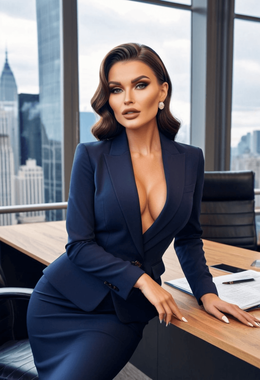 35-year-old european woman, confident businesswoman, fit body, large butt, tailored navy blue power suit, sitting at executive desk, modern corner office, city skyline view through floor-to-ceiling windows, professional headshot style, warm smile, holding tablet, sophisticated makeup, styled hair, full body view, realistic style, highly detailed, photorealistic, cyberrealistic sdxl