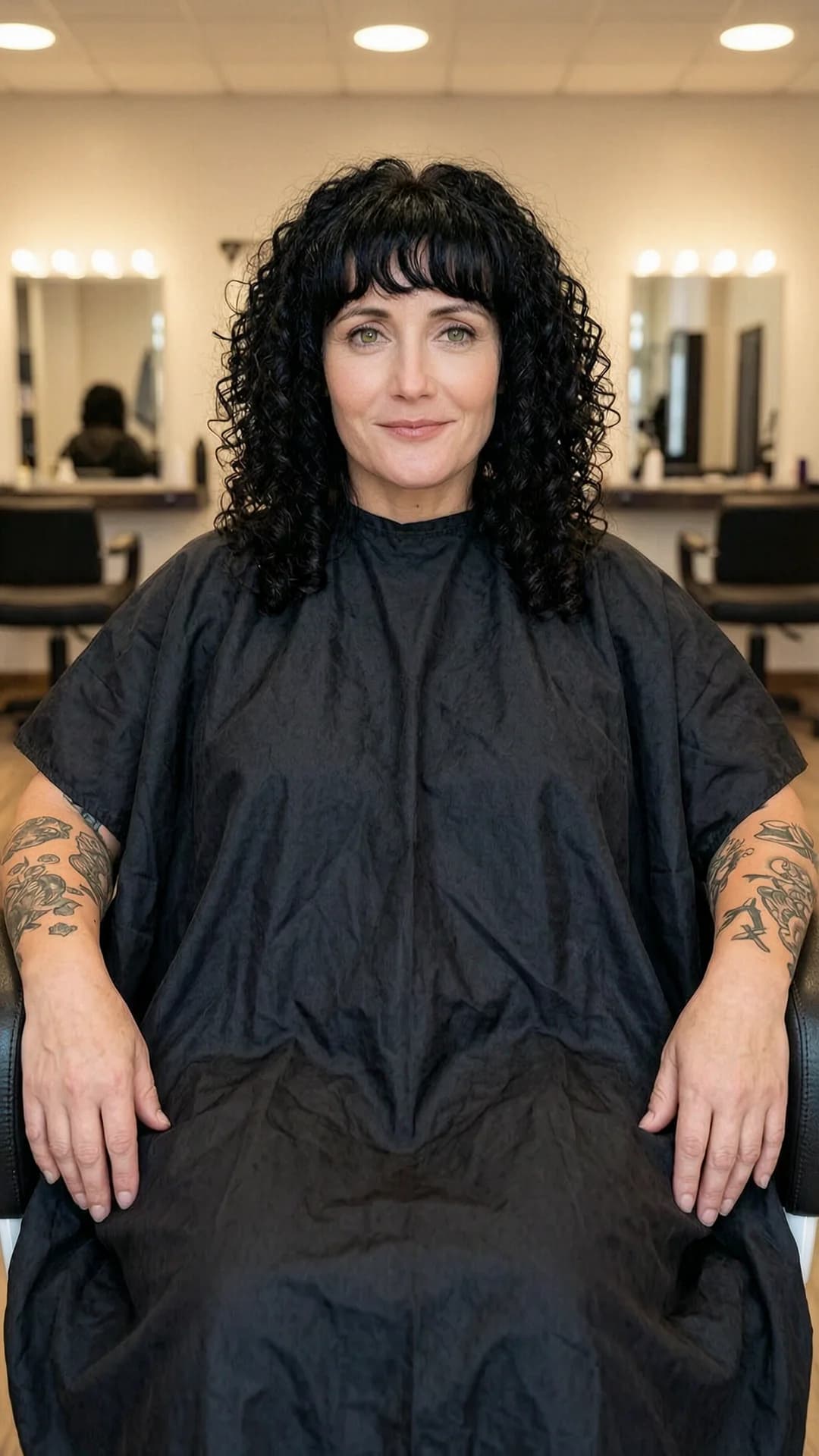 A 40-year-old Caucasian woman with chubby body type, black hair in tight bouncy curls with bangs framing her face, green eyes, visible tattoos on arms and shoulders, belly piercing and nipple piercings subtly outlined beneath fabric, seated upright in a salon chair wearing a black shampoo cape draped over her torso and lap, hands resting on her thighs, salon background with mirrors and styling stations, soft overhead salon lighting casting gentle highlights on her skin and curls, medium close-up from a frontal angle with direct eye contact and calm relaxed expression, body positioned straight with slight forward lean, chubby physique creating natural fabric draping and soft skin texture, Flawless anatomy, no extra digits, no extra limbs, realistic skin texture, high-detail.