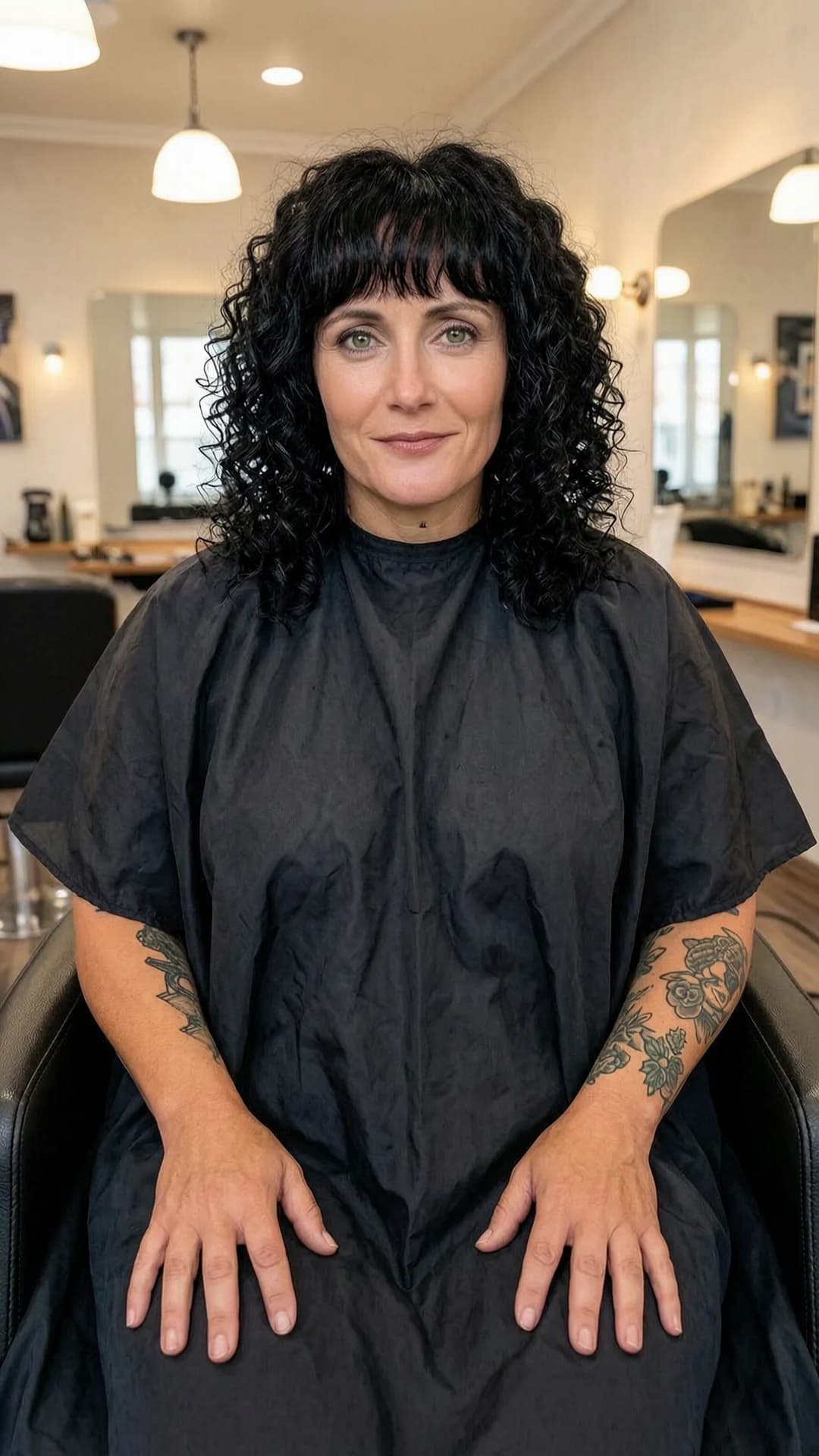 A 40-year-old Caucasian woman with chubby body type, black hair in tight bouncy curls with bangs framing her face, green eyes, visible tattoos on arms and shoulders, belly piercing and nipple piercings subtly outlined beneath fabric, seated upright in a salon chair wearing a black shampoo cape draped over her torso and lap, hands resting on her thighs, salon background with mirrors and styling stations, soft overhead salon lighting casting gentle highlights on her skin and curls, medium close-up from a frontal angle with direct eye contact and calm relaxed expression, body positioned straight with slight forward lean, chubby physique creating natural fabric draping and soft skin texture, Flawless anatomy, no extra digits, no extra limbs, realistic skin texture, high-detail.