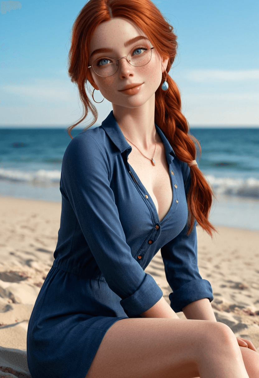 sitting casually, relaxed pose, wearing beautiful earrings, wearing stylish glasses, realistic image of her posing at the beach.
