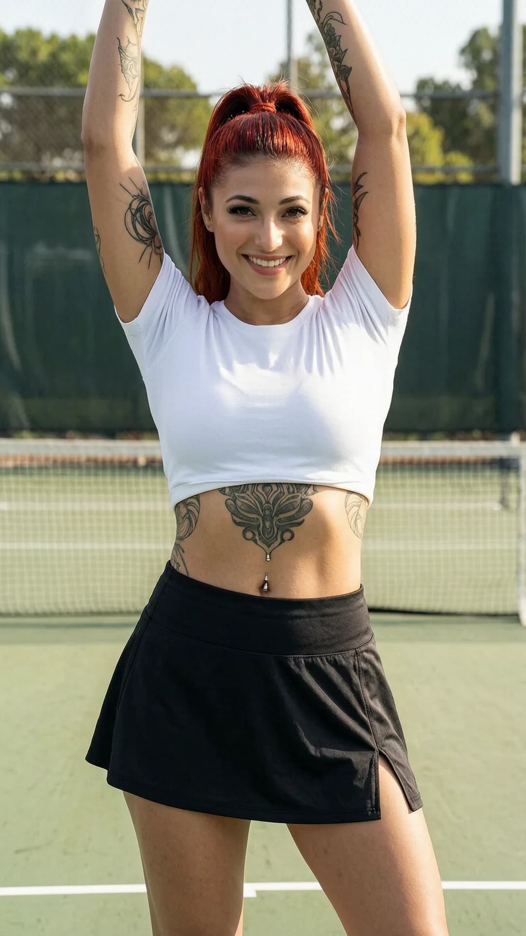 21-year-old Arabic woman with vibrant red hair pulled into a sleek high ponytail, warm brown eyes, fit toned athletic body with defined abs and olive skin tone, featuring visible tattoos across her stomach and arms along with belly piercings, wearing a short black tennis skirt and a tight cropped white shirt that exposes her midriff, standing confidently in a full body athletic pose on a sunlit tennis court with relaxed yet energetic stance and graceful stretching motion, medium close-up frontal portrait from eye-level camera angle with intense direct eye contact and bright genuine smile conveying joyful energetic mood, soft natural daylight highlighting her features and creating subtle skin sheen on her fit physique with detailed fabric textures and body positioning, Flawless anatomy, no extra digits, no extra limbs, realistic skin texture, high-detail.