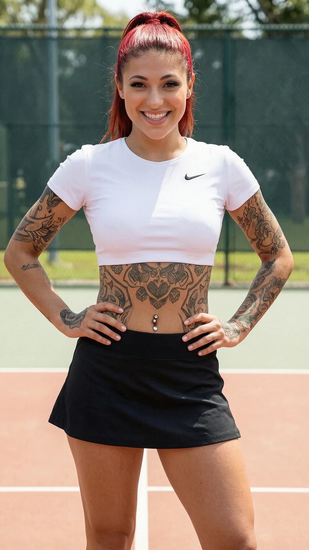 21-year-old Arabic woman with vibrant red hair pulled into a sleek high ponytail, warm brown eyes, fit toned athletic body with defined abs and olive skin tone, featuring visible tattoos across her stomach and arms along with belly piercings, wearing a short black tennis skirt and a tight cropped white shirt that exposes her midriff, standing confidently in a full body athletic pose on a sunlit tennis court with relaxed yet energetic stance and graceful stretching motion, medium close-up frontal portrait from eye-level camera angle with intense direct eye contact and bright genuine smile conveying joyful energetic mood, soft natural daylight highlighting her features and creating subtle skin sheen on her fit physique with detailed fabric textures and body positioning, Flawless anatomy, no extra digits, no extra limbs, realistic skin texture, high-detail.