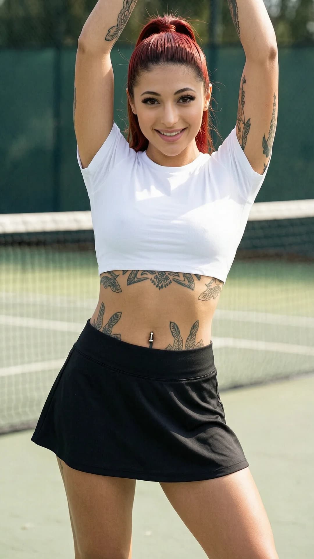 21-year-old Arabic woman with vibrant red hair pulled into a sleek high ponytail, warm brown eyes, fit toned athletic body with defined abs and olive skin tone, featuring visible tattoos across her stomach and arms along with belly piercings, wearing a short black tennis skirt and a tight cropped white shirt that exposes her midriff, standing confidently in a full body athletic pose on a sunlit tennis court with relaxed yet energetic stance and graceful stretching motion, medium close-up frontal portrait from eye-level camera angle with intense direct eye contact and bright genuine smile conveying joyful energetic mood, soft natural daylight highlighting her features and creating subtle skin sheen on her fit physique with detailed fabric textures and body positioning, Flawless anatomy, no extra digits, no extra limbs, realistic skin texture, high-detail.