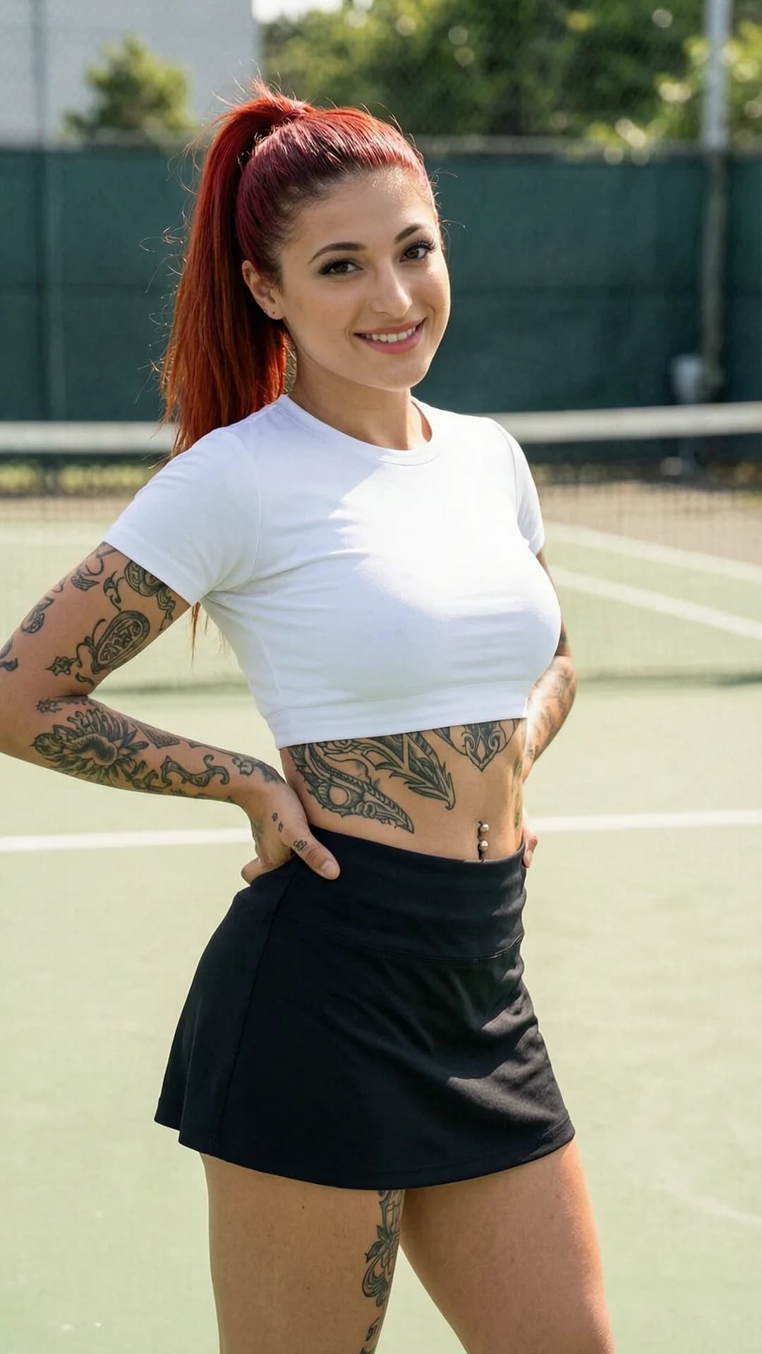 21-year-old Arabic woman with vibrant red hair pulled into a sleek high ponytail, warm brown eyes, fit toned athletic body with defined abs and olive skin tone, featuring visible tattoos across her stomach and arms along with belly piercings, wearing a short black tennis skirt and a tight cropped white shirt that exposes her midriff, standing confidently in a full body athletic pose on a sunlit tennis court with relaxed yet energetic stance and graceful stretching motion, medium close-up frontal portrait from eye-level camera angle with intense direct eye contact and bright genuine smile conveying joyful energetic mood, soft natural daylight highlighting her features and creating subtle skin sheen on her fit physique with detailed fabric textures and body positioning, Flawless anatomy, no extra digits, no extra limbs, realistic skin texture, high-detail.