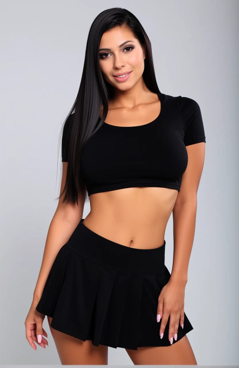 Wearing short black tennis skirt and a crop top shirt, portrait picture, looking at the viewer with a smile
