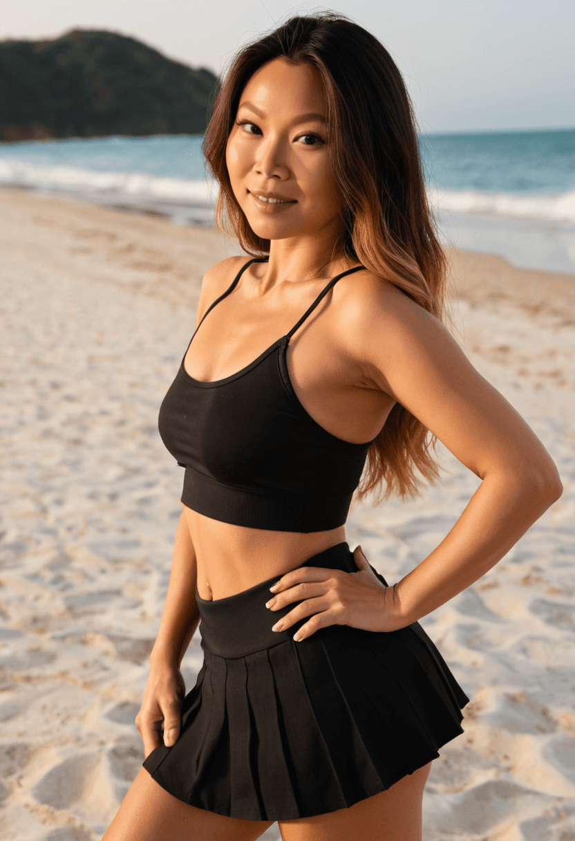 Wearing short black tennis skirt and a crop top shirt, portrait picture, looking at the viewer with a smile, wearing a stylish bikini on the beach