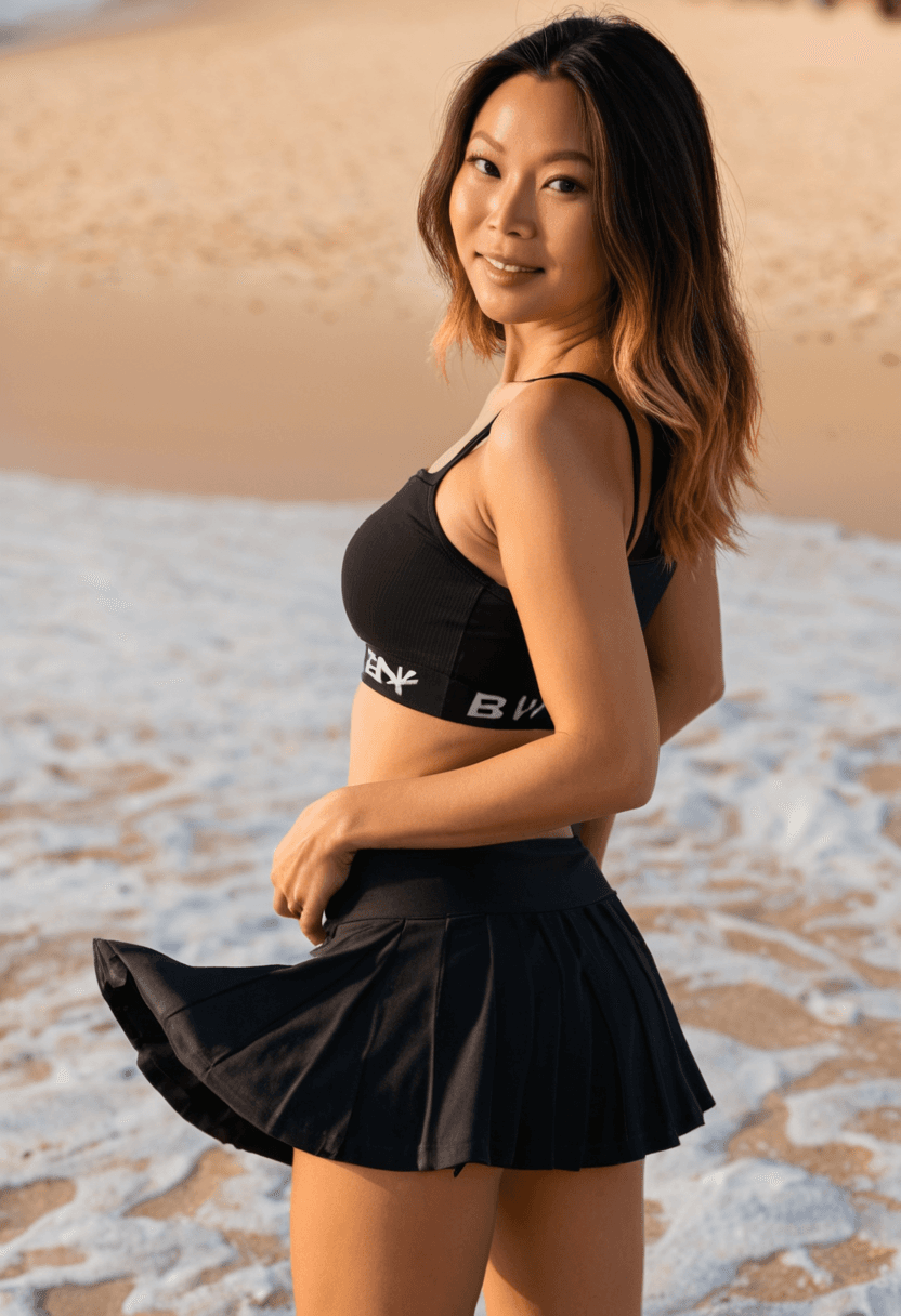 Wearing short black tennis skirt and a crop top shirt, portrait picture, looking at the viewer with a smile, wearing a stylish bikini on the beach