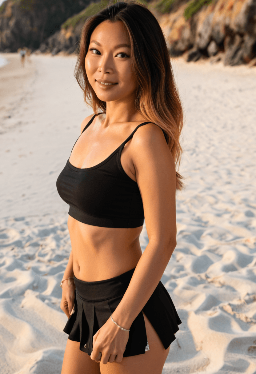 Wearing short black tennis skirt and a crop top shirt, portrait picture, looking at the viewer with a smile, wearing a stylish bikini on the beach