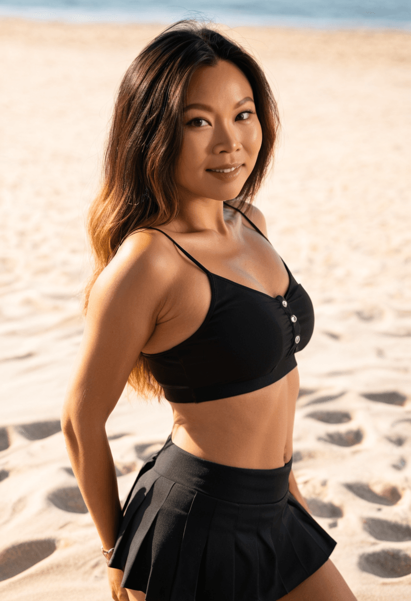 Wearing short black tennis skirt and a crop top shirt, portrait picture, looking at the viewer with a smile, wearing a stylish bikini on the beach