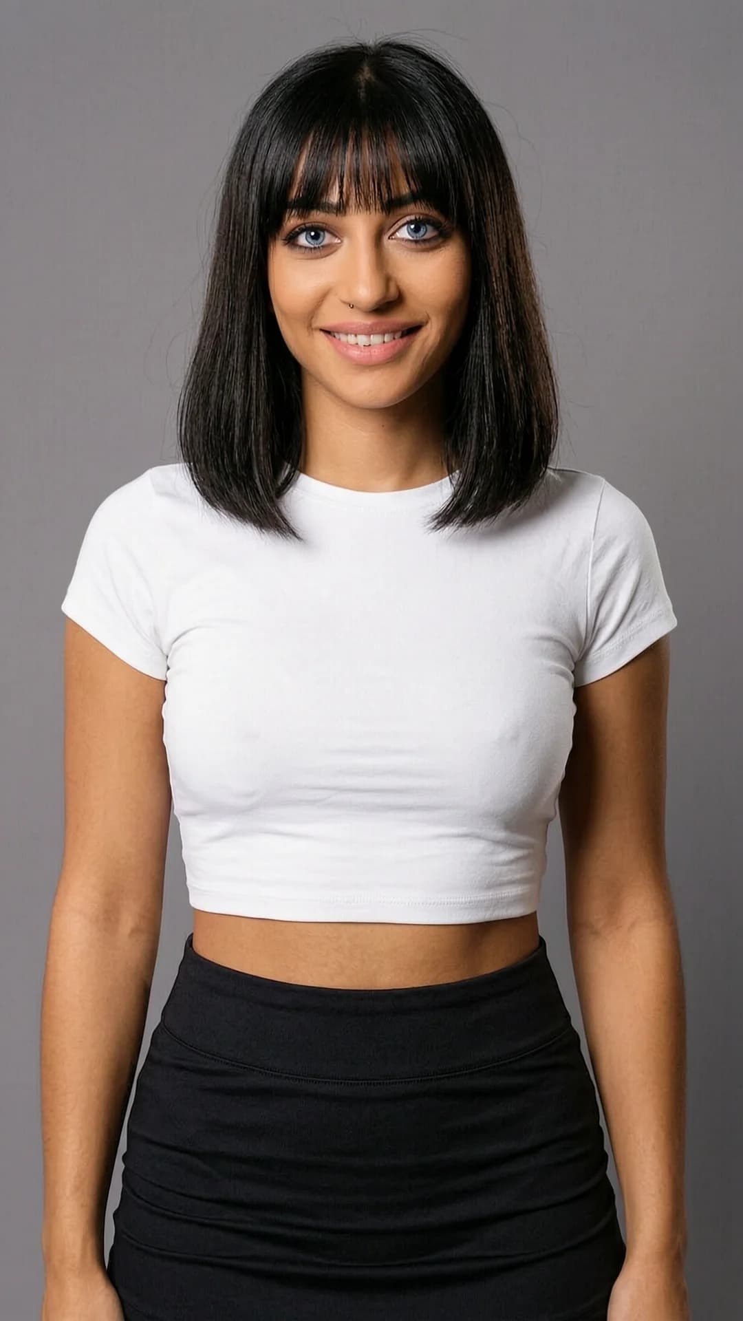 A 24-year-old Arabic woman with a fit toned body, black hair styled with bangs, piercing blue eyes, and visible nipple piercings beneath her clothing, standing in a close-up portrait shot from a direct front angle, wearing a short black tennis skirt paired with a tight white crop top shirt that accentuates her figure, looking straight at the viewer with a bright genuine smile and warm inviting eye contact, soft natural lighting highlighting her smooth skin and athletic posture, flawless anatomy, no extra digits, no extra limbs, realistic skin texture, high-detail.