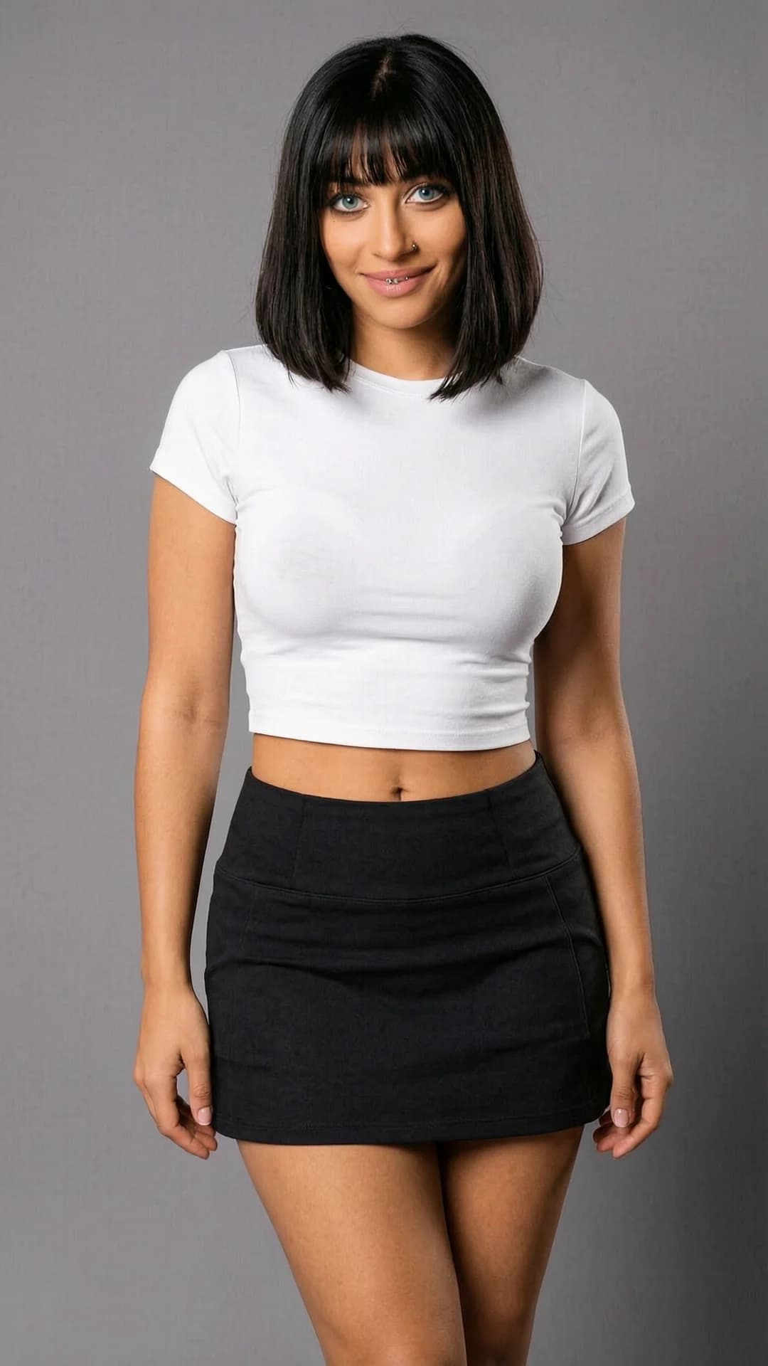 A 24-year-old Arabic woman with a fit toned body, black hair styled with bangs, piercing blue eyes, wearing a short black tennis skirt and a tight white crop top shirt that reveals her midriff, visible nipple piercings pressing against the thin fabric, stylish fitted silhouette, standing in a neutral studio setting with soft diffused lighting, medium close-up portrait from direct front angle, body slightly angled with one hip cocked, arms relaxed at her sides, direct eye contact with the viewer and a warm genuine smile, lips gently curved upward, confident and approachable mood, flawless anatomy, no extra digits, no extra limbs, realistic skin texture, high-detail.