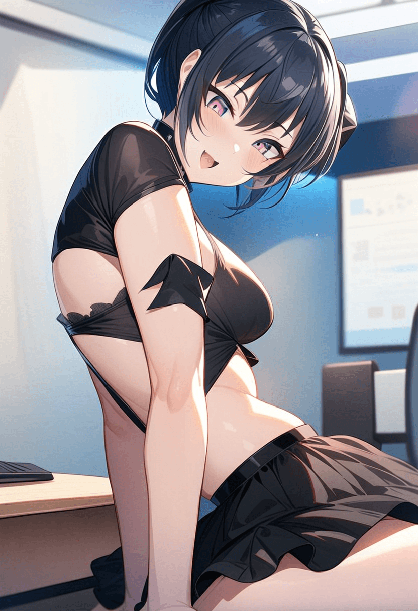 in a modern office setting, kneeling pose, elegant position