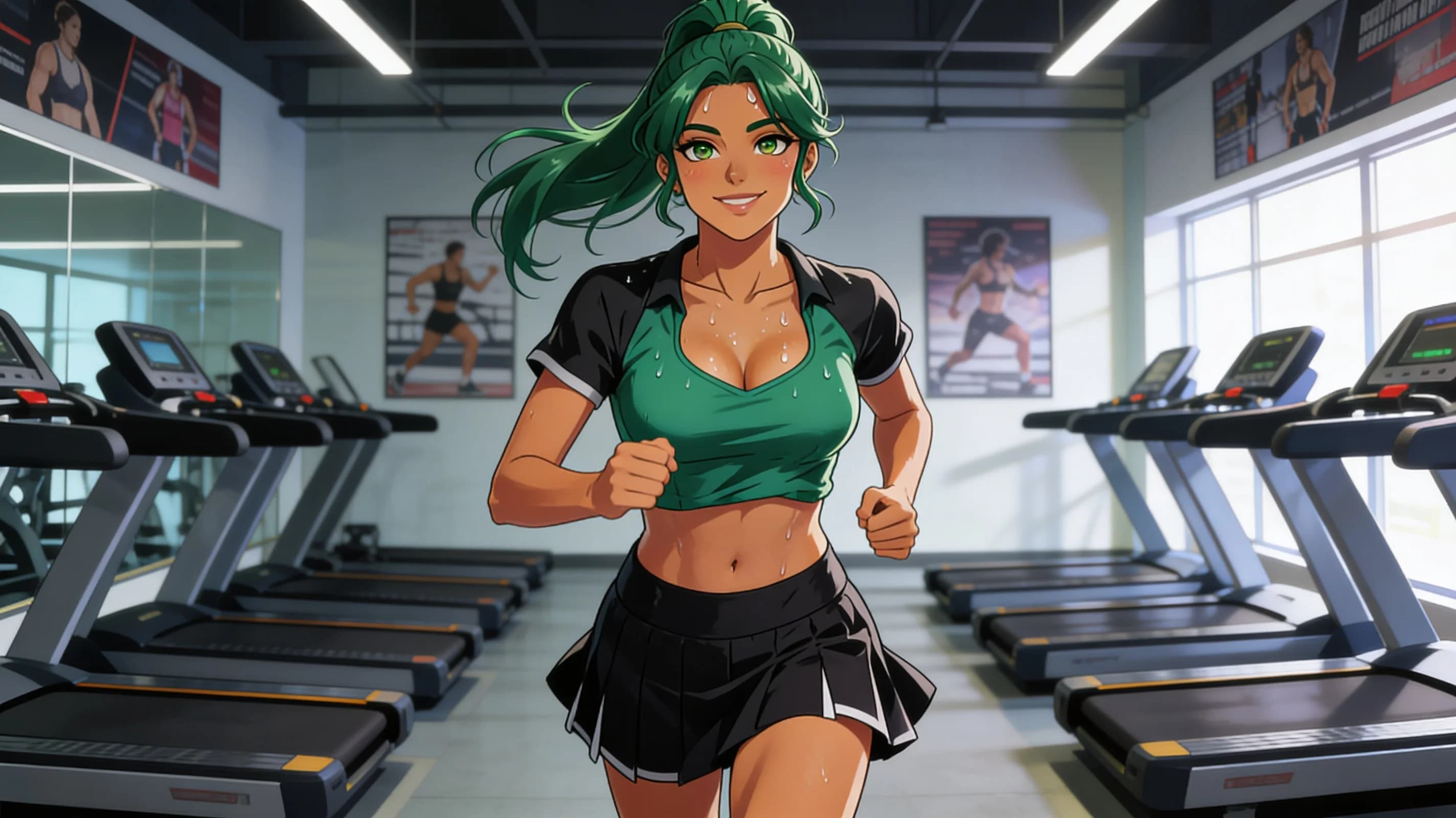 24-year-old Latina woman with green hair in a ponytail, green eyes, fit body type, wearing a short black tennis skirt and a crop top shirt, standing in a modern fitness gym mid-athletic workout with sweat drops trailing down her skin and a light sheen across her exposed midriff, crop top fabric clinging to naturally positioned breasts with subtle bounce from movement, close-up portrait from frontal angle with direct eye contact and a bright smile, lips curved in a friendly expression, standing with slight head tilt and relaxed shoulders, vibrant atmospheric lighting highlighting natural clothing folds and sweat, cheerful mood, blush marks on cheeks from exertion, anime style, high-quality illustration. Flawless anatomy, no extra digits, no extra limbs, detailed anime shading, high-quality illustration.
