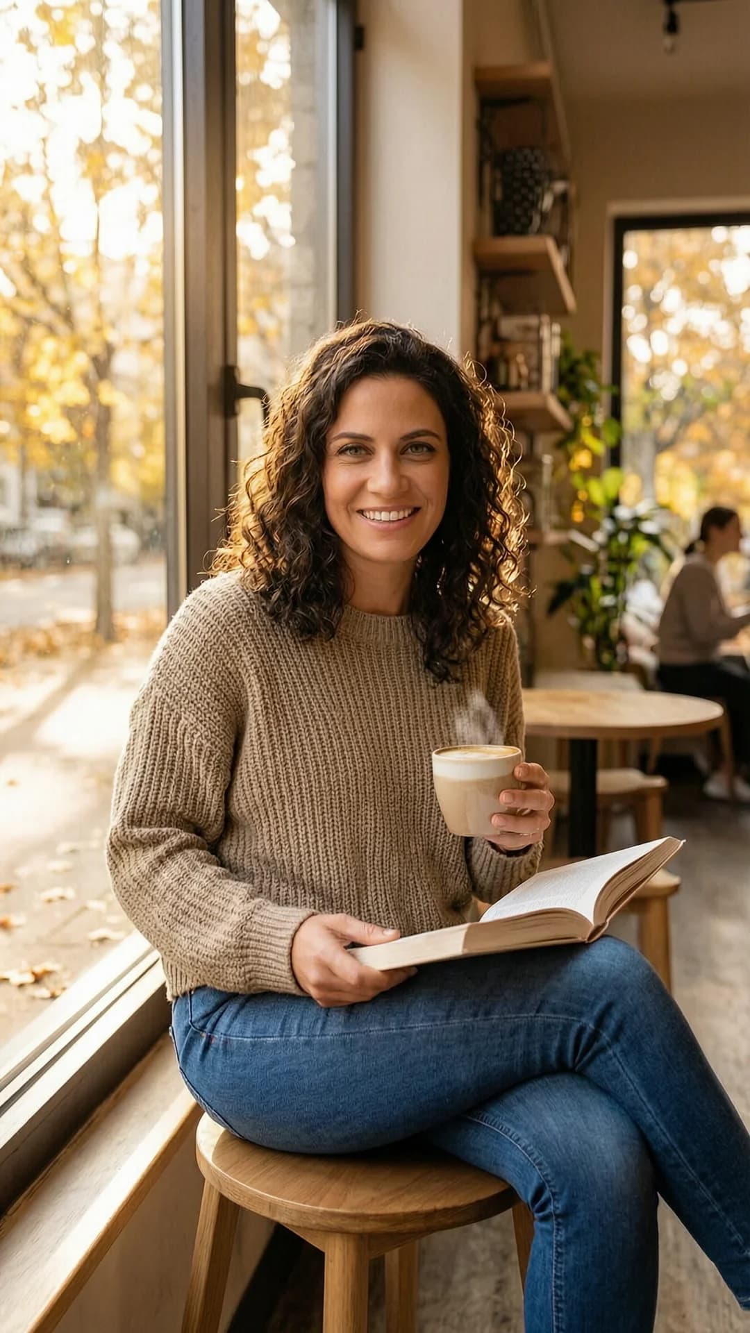 A 32-year-old Caucasian woman with brunette curly hair, green eyes, and a fit body type, wearing fitted jeans and a cozy oversized sweater, sits relaxed in a trendy coffee shop holding an open book in one hand and a steaming latte in the other, natural sunlight streaming through large windows casting warm autumn colors across the scene, genuine laughing expression with direct eye contact toward the viewer conveying joyful and approachable emotion, comfortable seated pose with legs crossed and shoulders relaxed, medium close-up from a slight three-quarter angle, casual lifestyle photography mood with soft cinematic lighting and inviting atmosphere, Flawless anatomy, no extra digits, no extra limbs, realistic skin texture, high-detail.