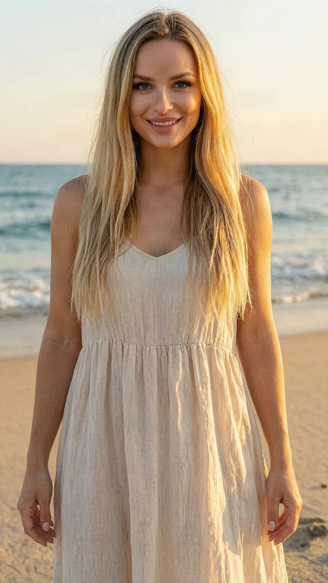 A 24-year-old Caucasian woman with long blonde hair, blue eyes and a fit body type stands in a medium close-up portrait from a direct front angle on a sunny beach, wearing a light flowy summer dress that clings lightly to her form with the ocean breeze, smiling warmly at the viewer with direct eye contact and a joyful expression, lips gently parted, soft golden hour lighting highlighting her features and the fabric texture, relaxed confident pose with shoulders back, flawless anatomy, no extra digits, no extra limbs, realistic skin texture, high-detail.