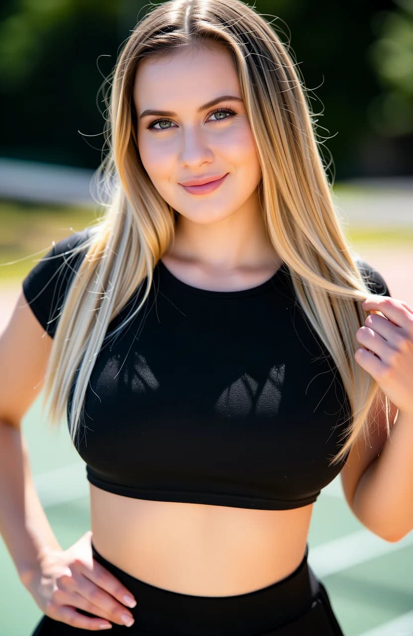 24-year-old Caucasian woman with fit body type, straight blonde hair, and piercing green eyes, captured in a realistic style portrait with strict medium close-up camera angle from a slight low POV looking directly at the viewer, her face centered and filling the frame as she poses confidently with a warm inviting smile, intense direct eye contact conveying playful seduction and joy with lips slightly parted, wearing a short black tennis skirt that hugs her toned hips and reveals athletic thighs paired with a tight crop top shirt that accentuates her firm perky breasts with subtle underboob exposure and midriff sheen from light sweat, elegant posture with shoulders back and one hand resting on her hip while the other brushes her straight blonde hair behind her ear, soft natural daylight lighting from the side casting gentle shadows that highlight her smooth flawless skin texture and defined cheekbones, vibrant outdoor tennis court setting in the background softly blurred for cinematic depth, body physics showing taut muscle tension in her core and legs, natural breast lift under the crop top fabric with realistic bounce implication, high-detail skin with subtle glow and pore-level realism, flawless anatomy, no extra digits, no extra limbs, realistic skin texture, high-detail.