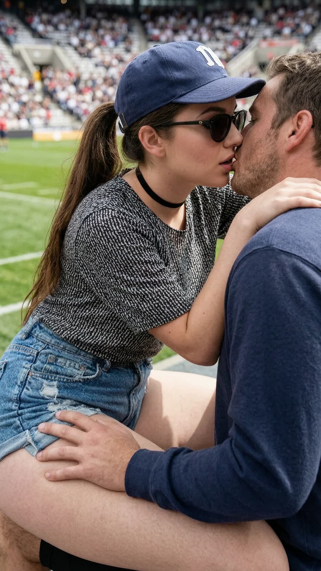 A 21-year-old Caucasian woman with green eyes, skinny build, brunette ponytail, wearing tiny shorts, a low cut top, sunglasses, a choker and a baseball cap, sits in a sunlit sports stadium during the day passionately kissing a man whose hand rests on her shorts, captured in a medium close-up side angle POV with natural daylight illuminating the scene, her body leaning into him with slight forward tilt and ponytail resting over one shoulder, intense eye contact with the man conveying seductive lust and parted lips, stadium crowd blurred in background, casual excited mood, skin with subtle daytime sheen. Flawless anatomy, no extra digits, no extra limbs, realistic skin texture, high-detail.