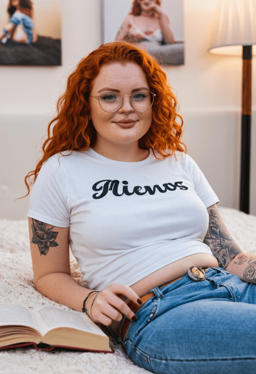 Wearing jeans and a white t shirt, laying on a bed with a book. Bra strap visible. Glasses on. Tattoos and ear piercings, in a cozy bedroom setting.