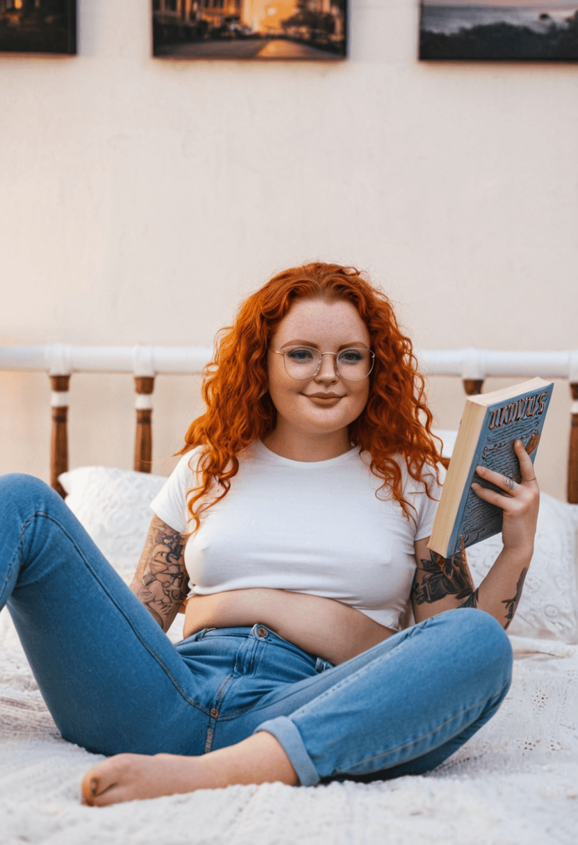 Wearing jeans and a white t shirt, laying on a bed with a book. Bra strap visible. Glasses on. Tattoos and ear piercings, in a cozy bedroom setting.