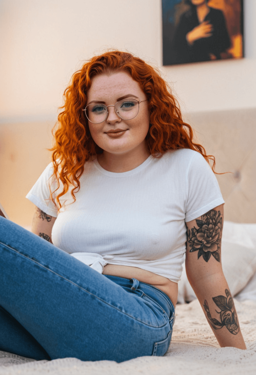 Wearing jeans and a white t shirt, laying on a bed with a book. Bra strap visible. Glasses on. Tattoos and ear piercings, in a cozy bedroom setting.