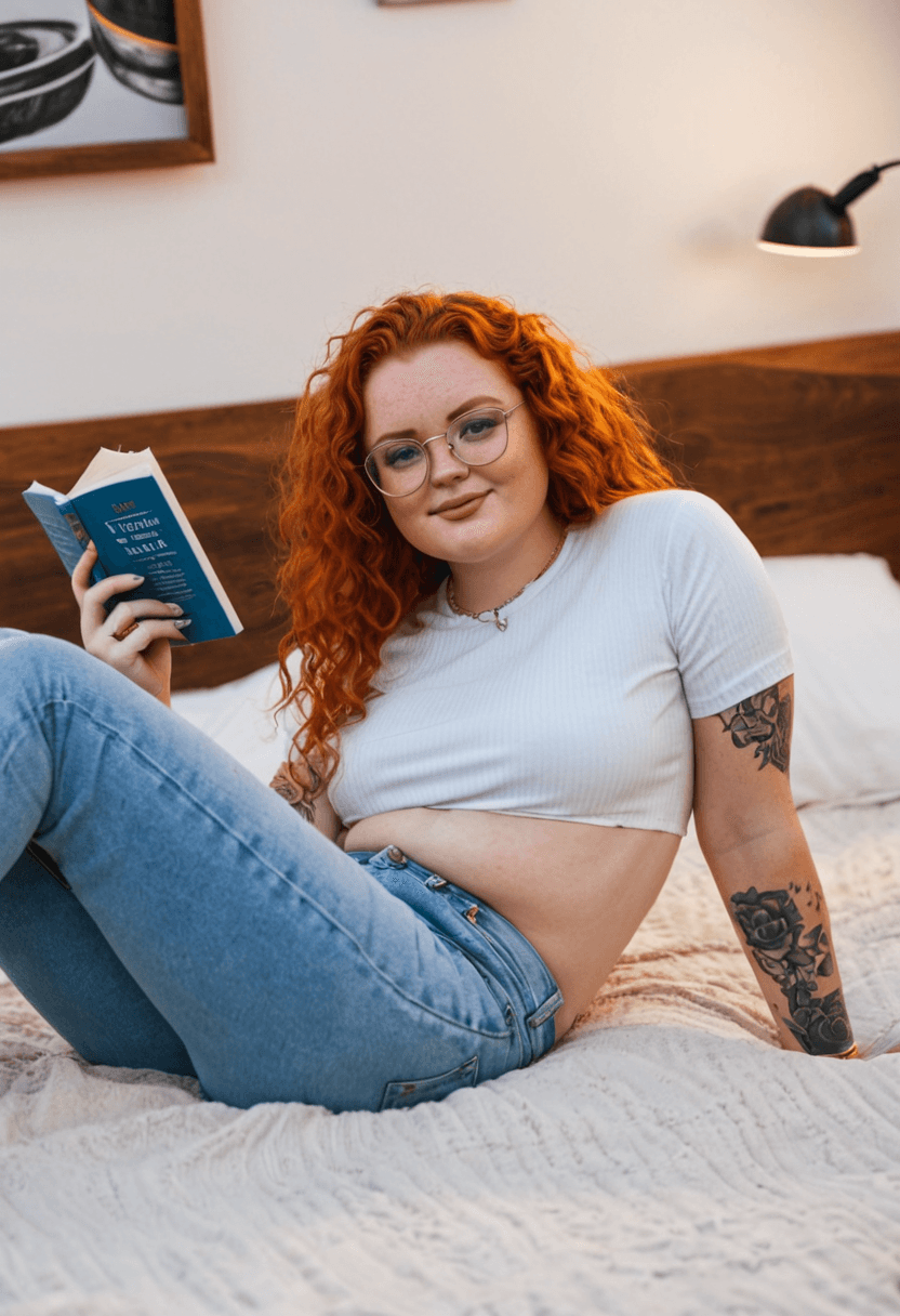 Wearing jeans and a white t shirt, laying on a bed with a book. Bra strap visible. Glasses on. Tattoos and ear piercings, in a cozy bedroom setting.