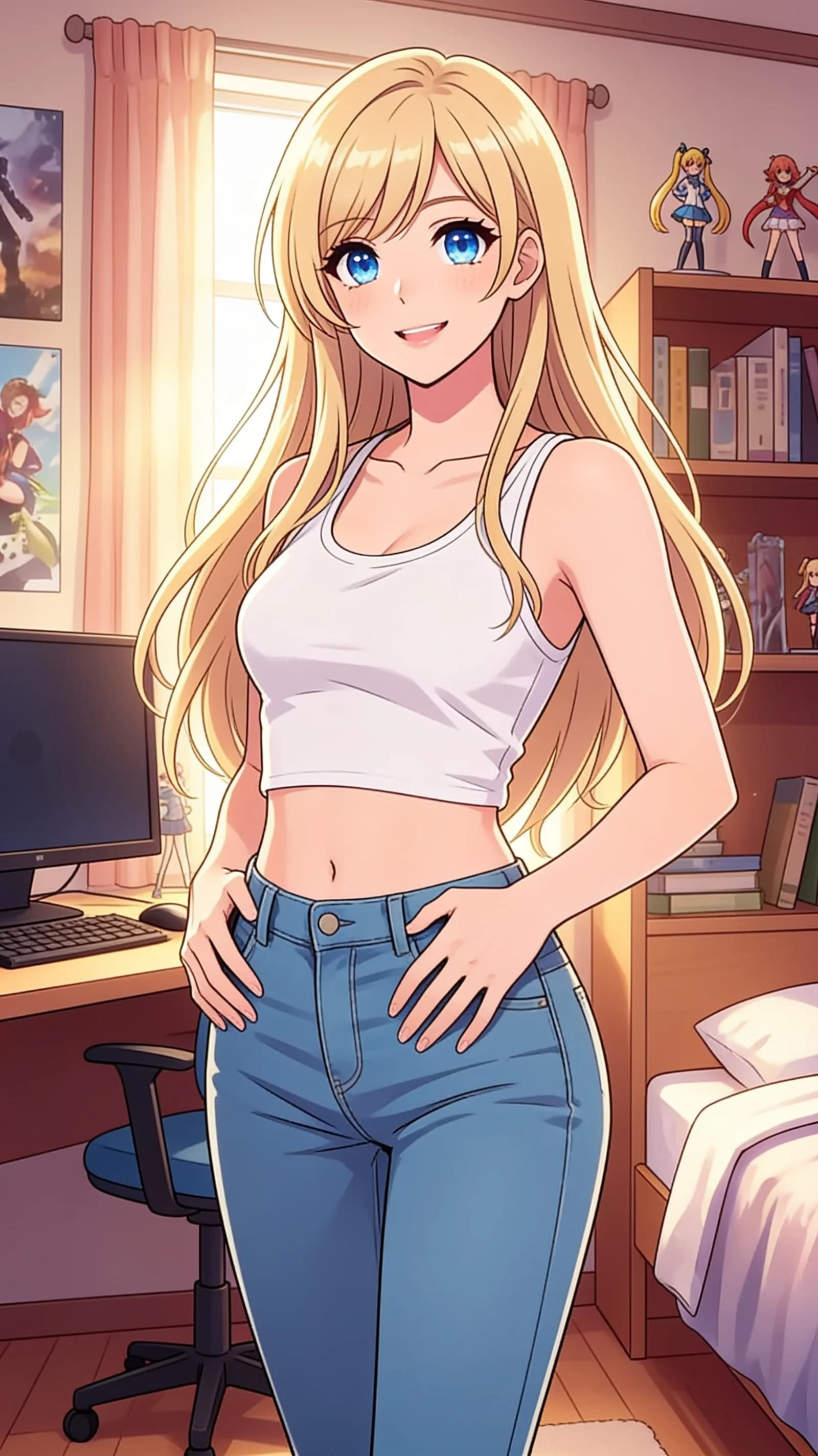 anime style, 2D cel-shaded anime illustration, anime key visual, flat cel shading, clean bold line art, vibrant saturated colors, large detailed expressive anime eyes with crisp catchlights, flat 2D rendering, not photorealistic, not 3D render, 21-year-old caucasian woman with long blonde hair cascading over her shoulders, bright blue eyes, fit athletic body type, standing in a sunlit casual loft with soft window light casting gentle highlights across her form, wearing fitted blue jeans that accentuate her toned legs and hips paired with a cropped white tank top, hands lightly resting on her hips in a relaxed pose, head-to-mid-thigh vertical 9:16 portrait framing with character centered and filling the frame, eye-level medium close-up from front angle, direct eye contact with a confident warm smile and lips gently parted, detailed anime cel shading, crisp clean linework, correct anatomy, hands cleanly drawn with five fingers, studio-quality anime key visual; avoid: photorealistic, 3D render, extra fingers, deformed hands, blurry, low detail.
