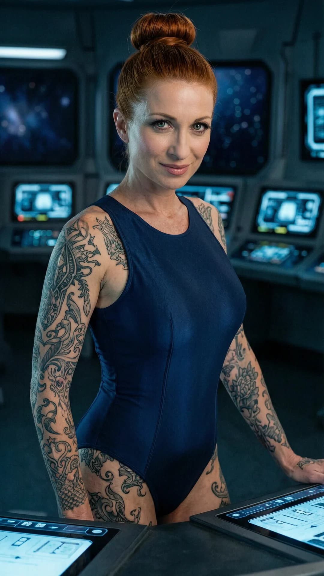 A 44-year-old Caucasian woman with red hair in a tight bun, piercing green eyes, fit toned body, intricate tattoos and visible belly piercings stands at the gunnery station on a dimly lit futuristic starship, wearing a tight one piece uniform that clings to her curves, legs slightly apart with hips tilted forward, one hand resting on the control console, medium close-up from eye-level front angle, intense direct eye contact with seductive lust and a beautiful confident expression, lips parted, soft blue control-panel lighting casting highlights on her skin sheen and muscle tension, realistic style, Flawless anatomy, no extra digits, no extra limbs, realistic skin texture, high-detail.