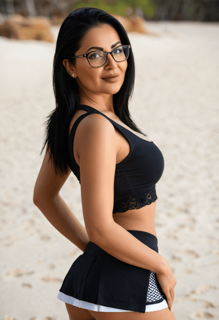 Wearing short black tennis skirt and a crop top shirt, portrait picture, looking at the viewer with a smile, wearing a fashionable mini skirt, wearing a stylish bikini on the beach