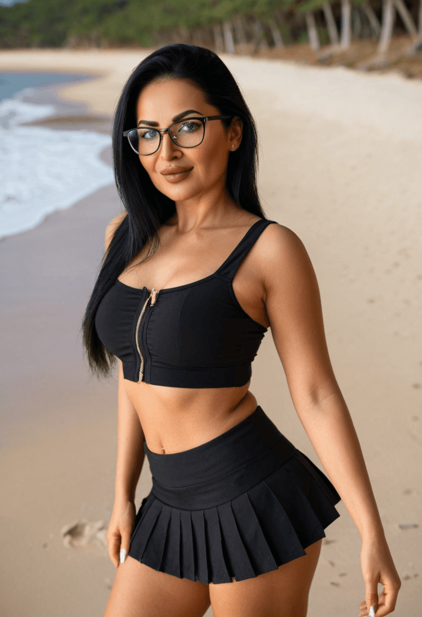 Wearing short black tennis skirt and a crop top shirt, portrait picture, looking at the viewer with a smile, wearing a fashionable mini skirt, wearing a stylish bikini on the beach