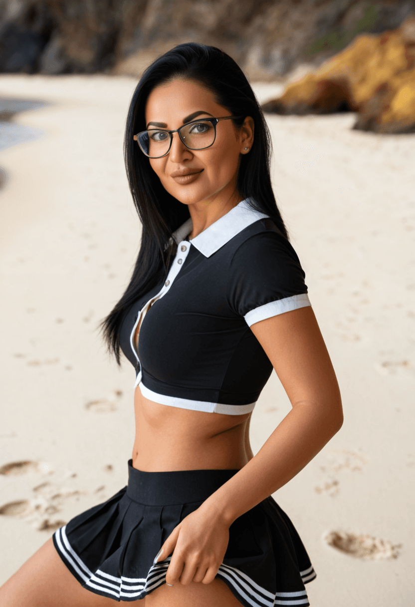 Wearing short black tennis skirt and a crop top shirt, portrait picture, looking at the viewer with a smile, wearing a fashionable mini skirt, wearing a stylish bikini on the beach